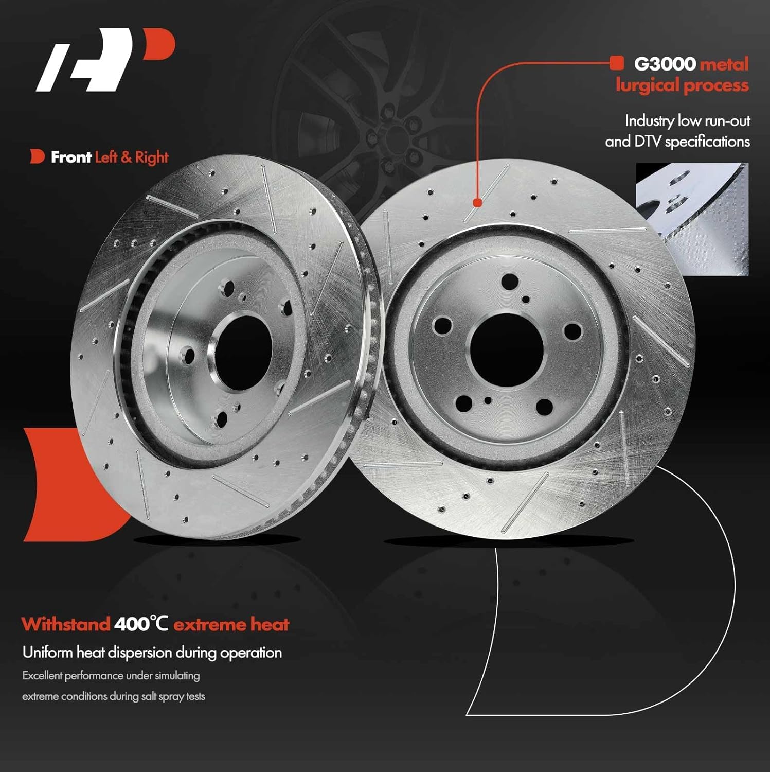 A-Premium 12.01 inch (305mm) Front Drilled and Slotted Disc Brake Rotors Compatible with Select Toyota and Lexus Models - Camry, Corolla Cross, Avalon, Venza, C-HR, ES250, ES350, 2-PC Set