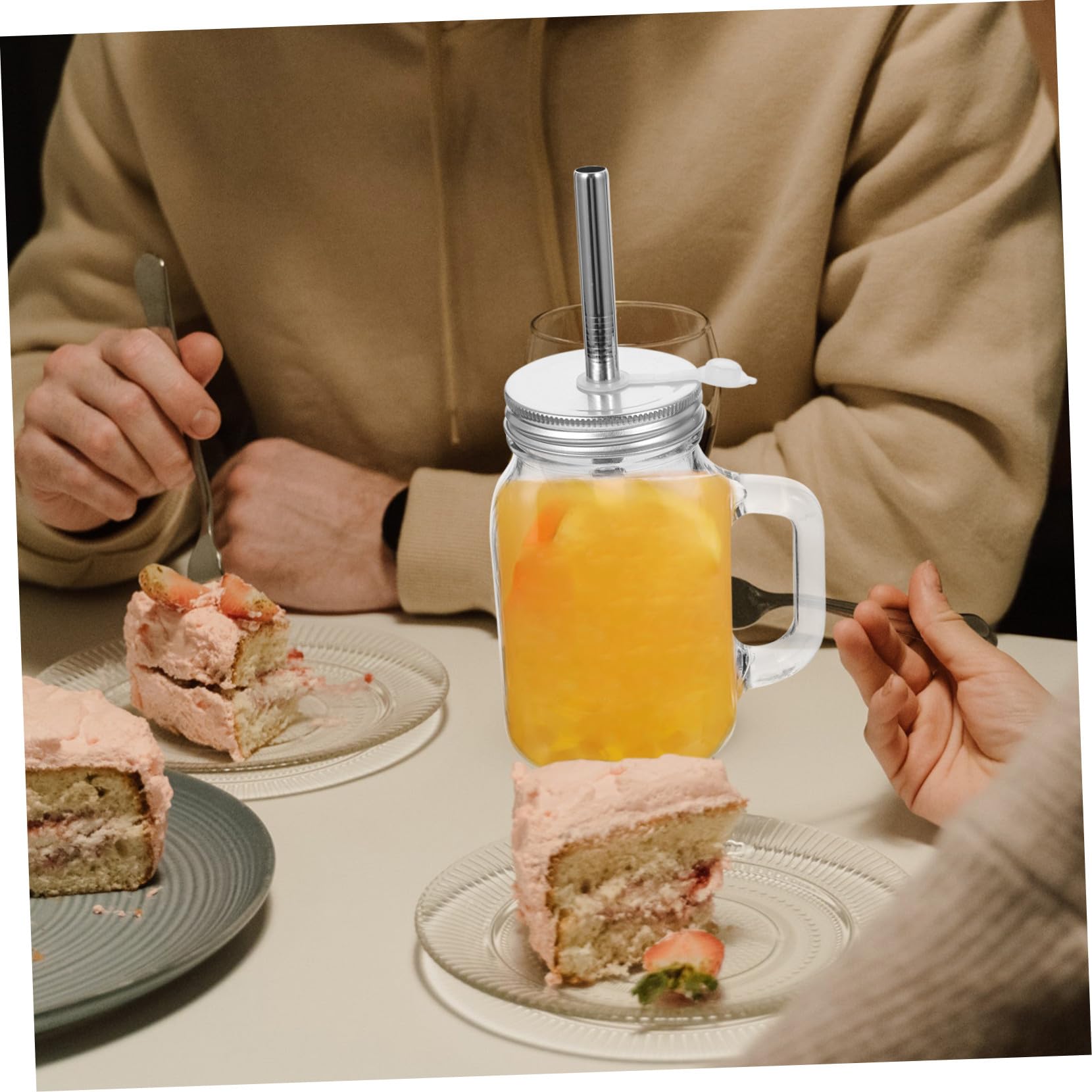 Uonlytech Vasos de Vidrio Capacidad 650ml Juego de 2 con Pajita y Tapa para Almacenar Jugo y Yogur, Diseño de Fondo Plano y Acero Inoxidable