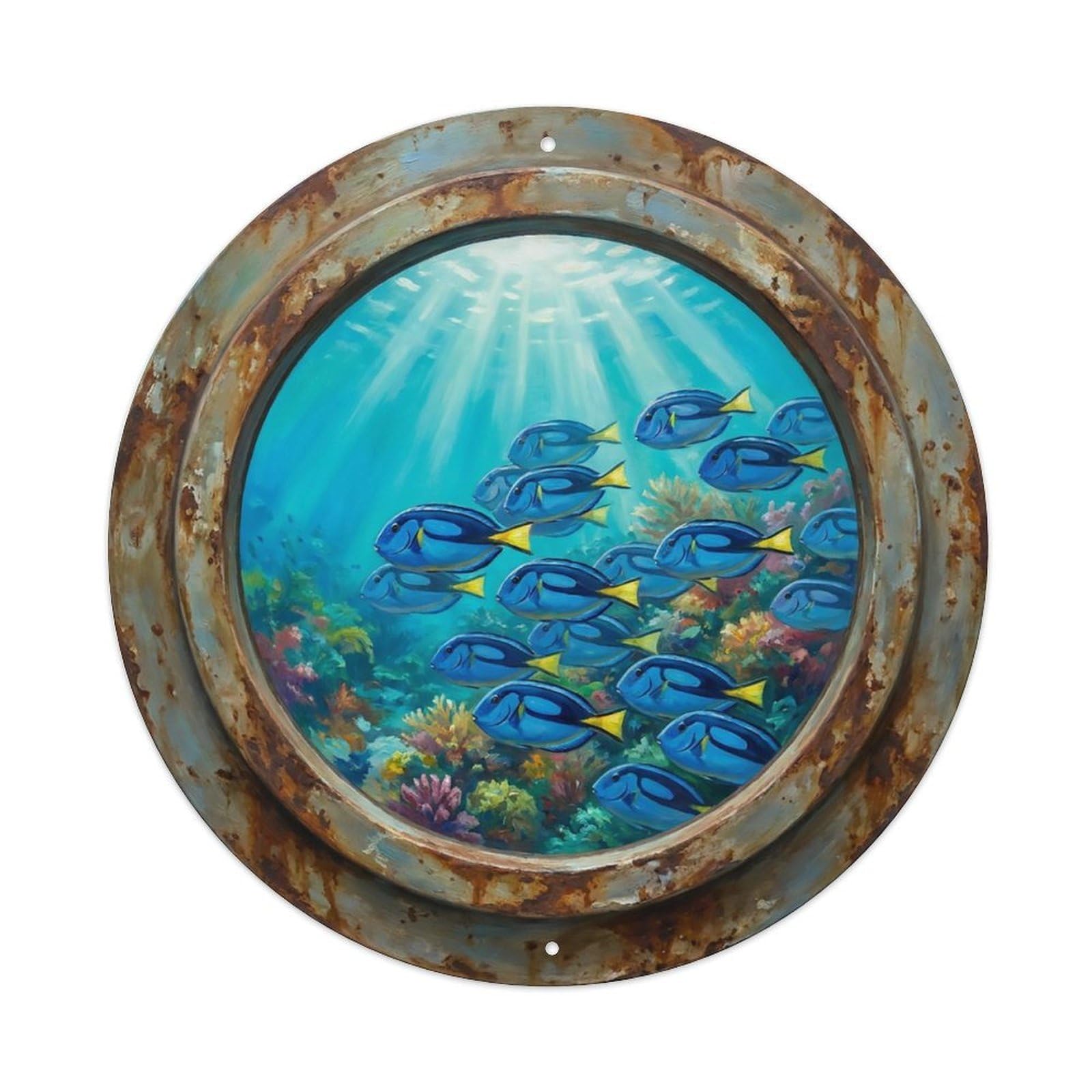Vintage Porthole Surgeonfish Swarm Ship Window Undersea Deep Sea Metal Tin Sign