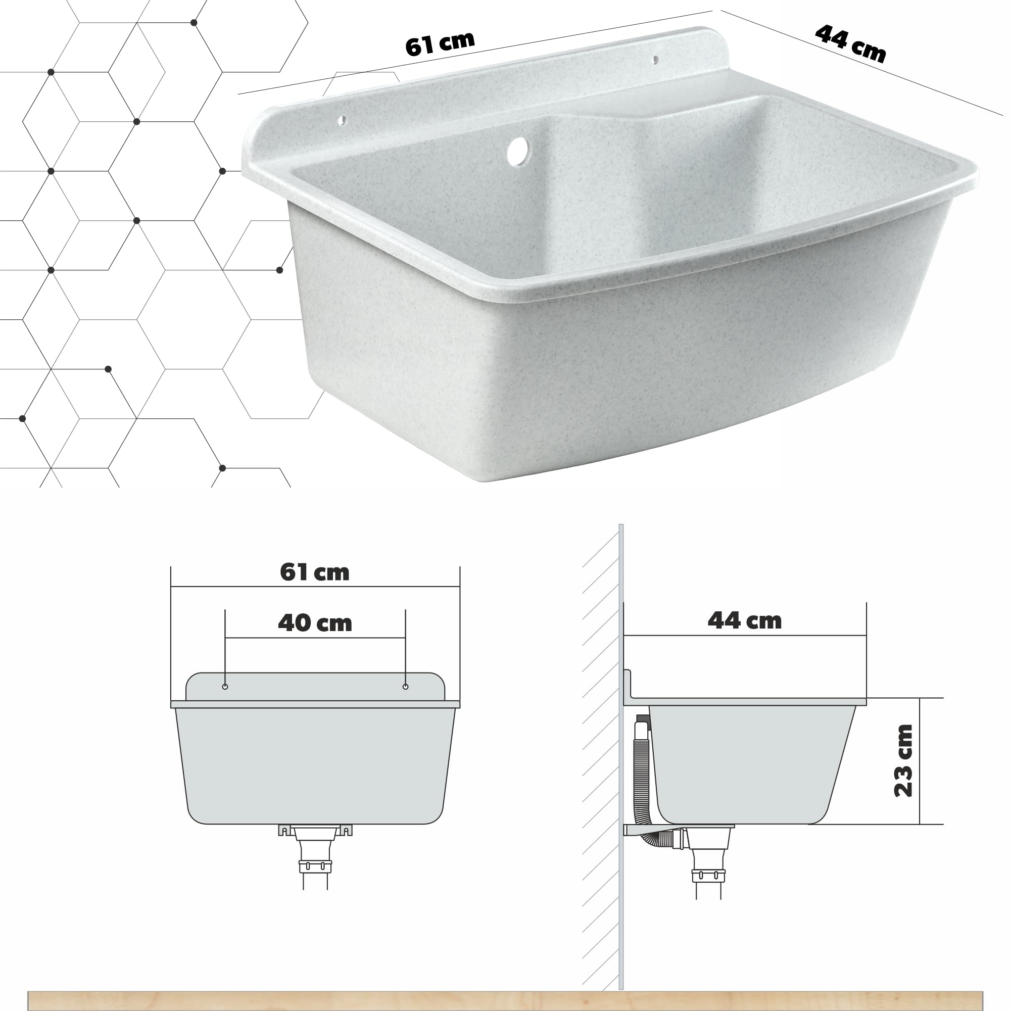 GOSPO Fregadero de poliestireno 61 x 44 x 23 cm, lavabo de cocina con sifón, rebosadero y kit de montaje, fregadero de una sola cubeta para uso en exteriores e interiores (blanco)