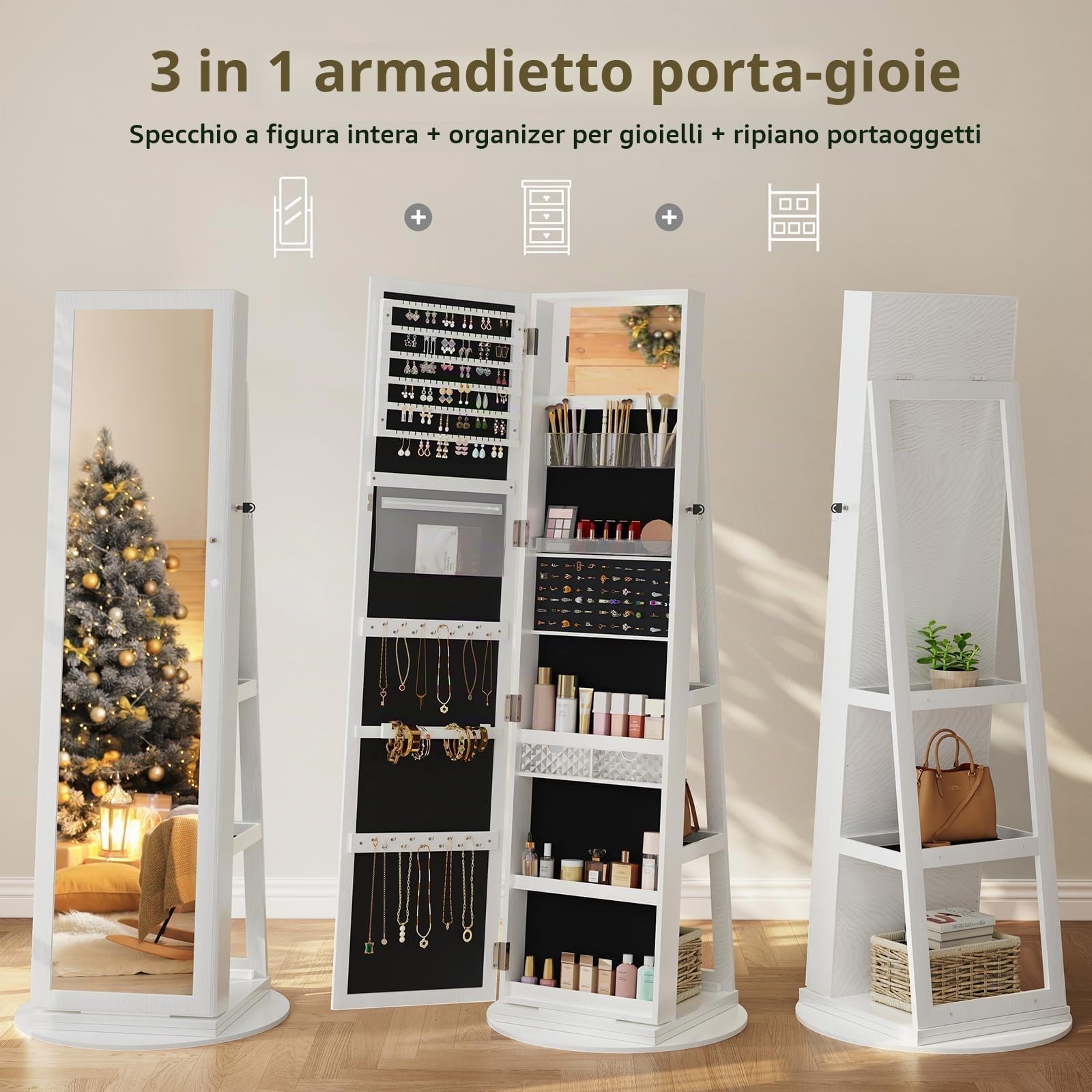 Dripex Armadietto per gioielli con specchio, specchio in piedi, con specchio e specchio interno, organizer per gioielli con ripiani 3 in 1, girevole a 360°, richiudibile, bianco
