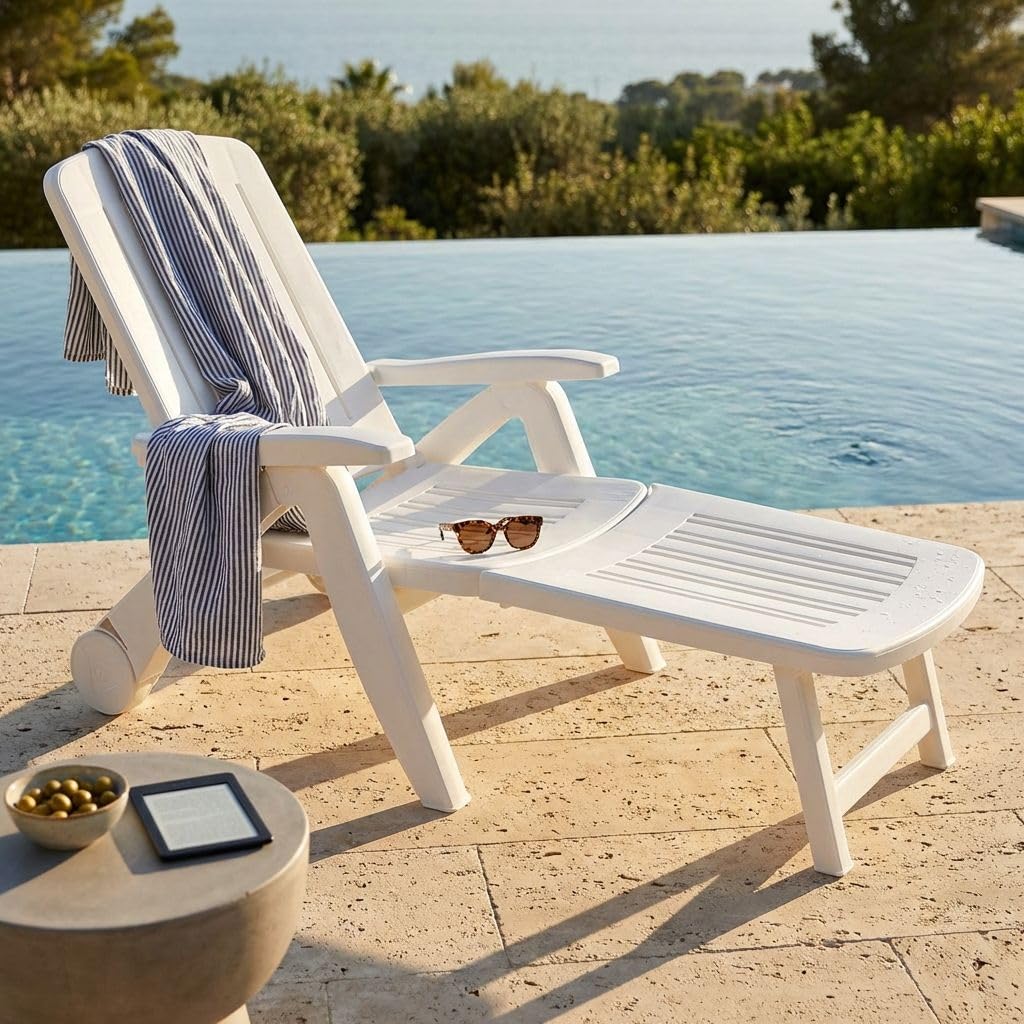 MilaniHome.it - Lettino Sdraio con Ruote in Plastica Resina per Campeggio Spiaggia Mare Piscina Giardino Esternodi coloreBianco