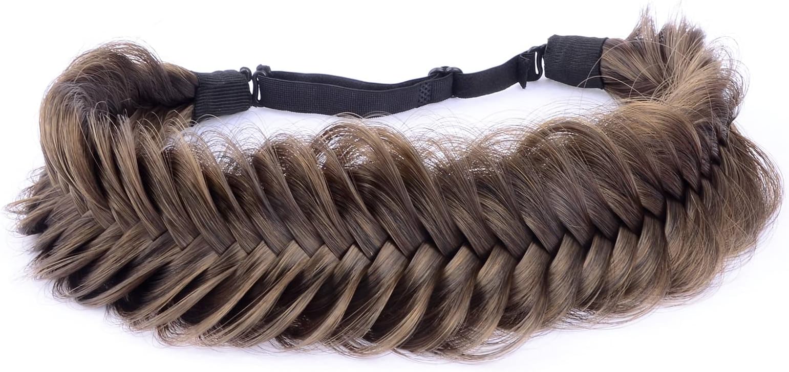 DIGUANWide Fishtail 2 Strands Synthetic Hair Braided Headband Classic Chunky Plaited Braids Elastic Stretch Hairpiece Women Girl Beauty accessory,59g Bohemian (Dark Brown)