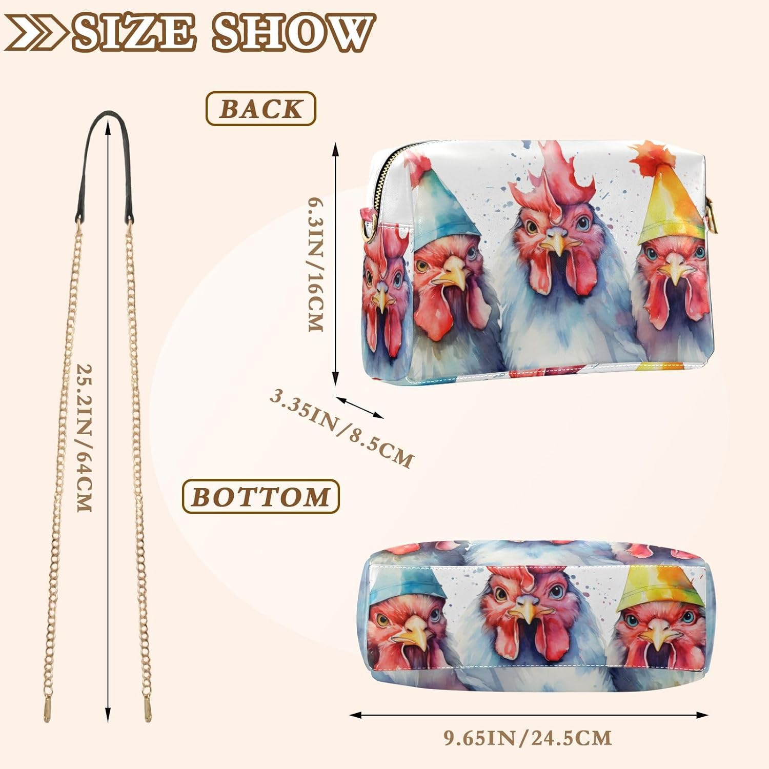 Women Crossbody Bag Shoulder Handbag Cellphone Purse Festival Chicken Print, PU Leather Metal Chain Strap Water Resistant Zipper Closure