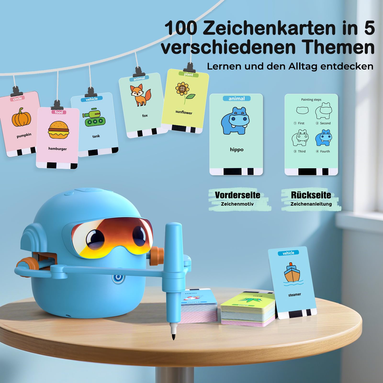 NAUQUOHZ Malroboter für Kinder, Zeichenroboter Kinder Voice-Sprachinteraktiver Pädagogischer Drawing Robot mit 100 Karten, 16 Buntstifte & Musik, EIN Geschenk für Jungen Mädchen