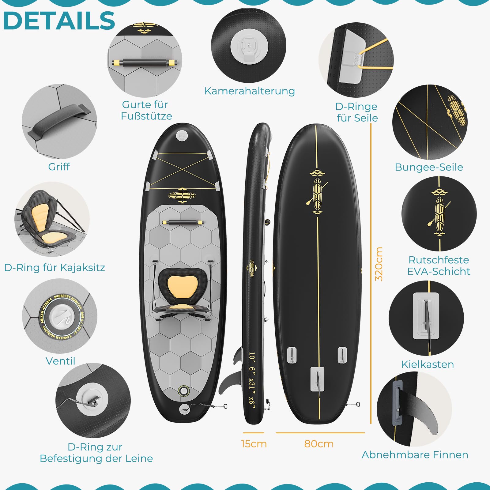 TRIUMPHKEY Aufblasbares SUP Board, Stand Up Paddling Board, Aufblasbare Stand Up Paddle Board mit Zubehör, Paddel, Finnen, Pumpe,330 * 76 * 15cm, Bis 130kg