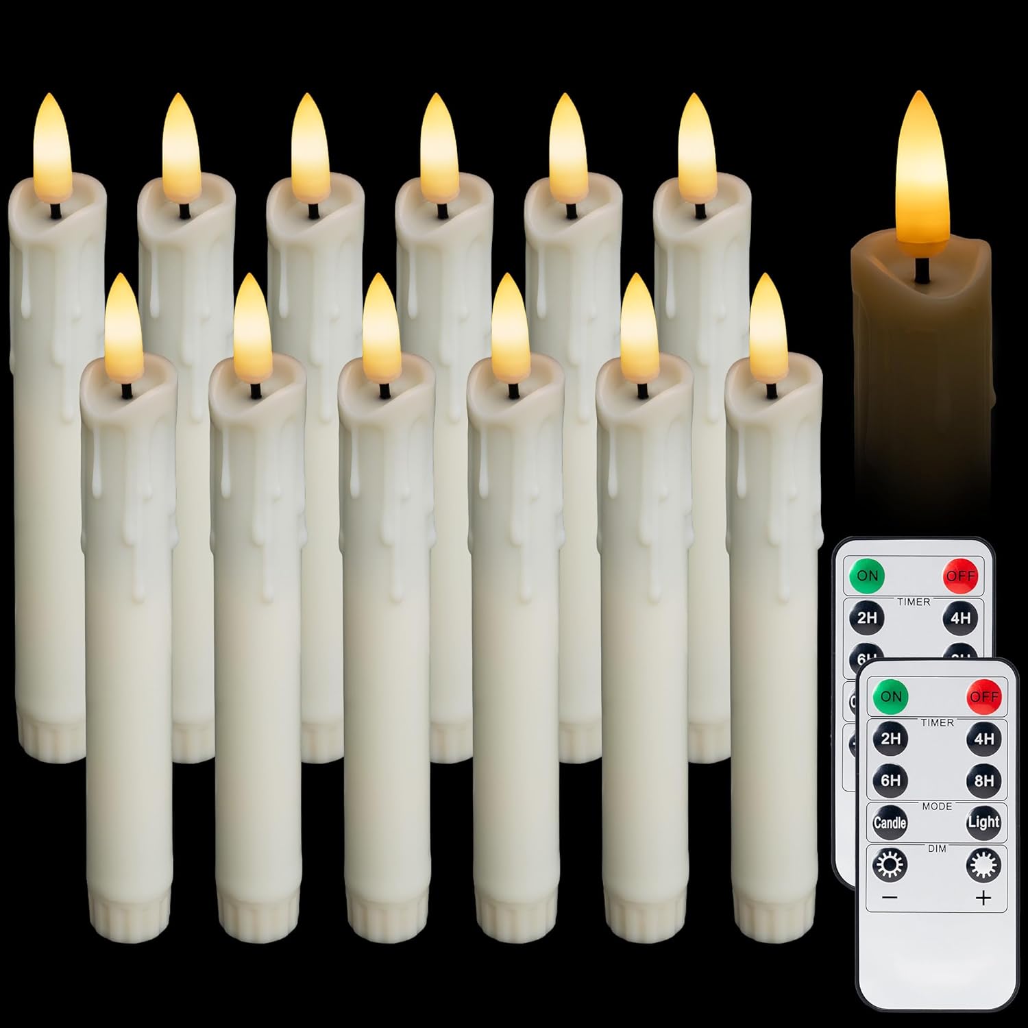 6.7" Short LED Dripping Wax Taper Candles – Antique Gothic Flameless with Flickering Flame, Fits Menorahs, Candelabras & Chandeliers, Battery Operated, Remote Controlled (12-Pack, Ivory)