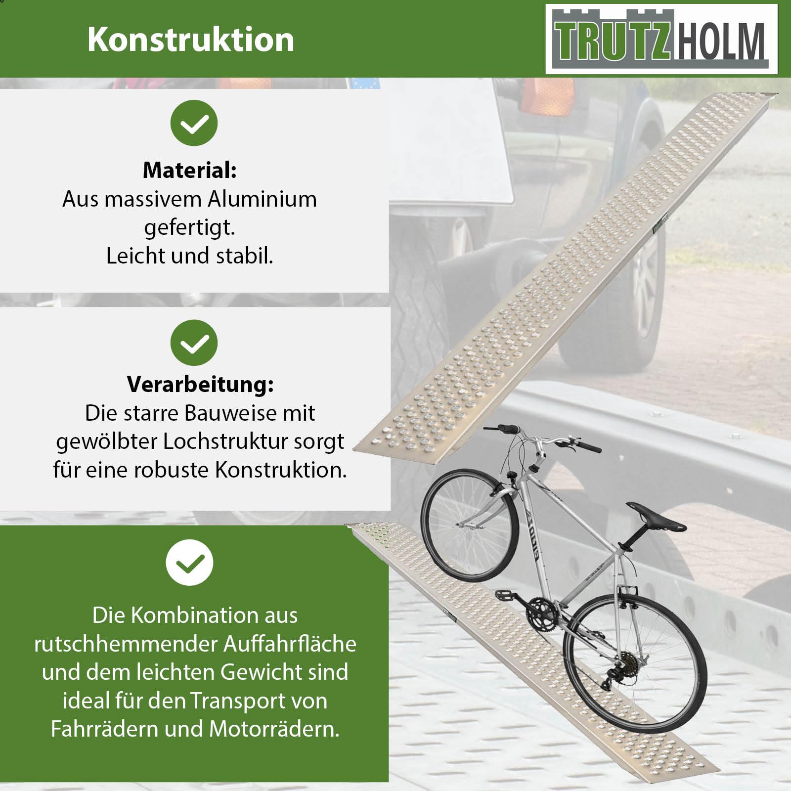 TRUTZHOLM Auffahrrampe Aluminium Länge 200 cm Auffahrbreite 22 cm Tragkraft 200 kg gelochte Lauffläche Rampe starr für Fahhrad E-Bike Motorradrampe für leichte Motorräder Mopeds Mofas Verladerampe