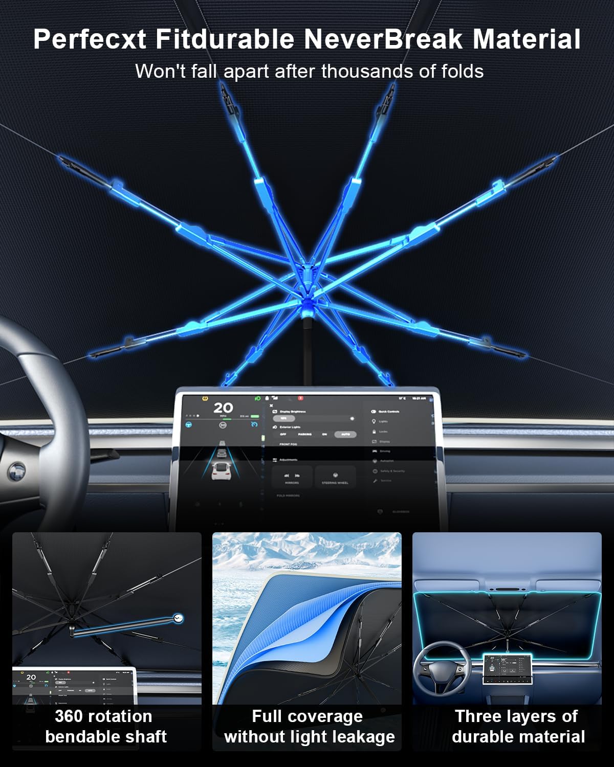 helloleiboo [2025 Upgraded] Car Windshield Sun Shade Umbrella 61"x 34" Windshield Sun Shade Foldable 5-Layer Thickened Vinyl Coating Reflective Polyester Blocks Heat & UV Rays for Large Car Truck SUV