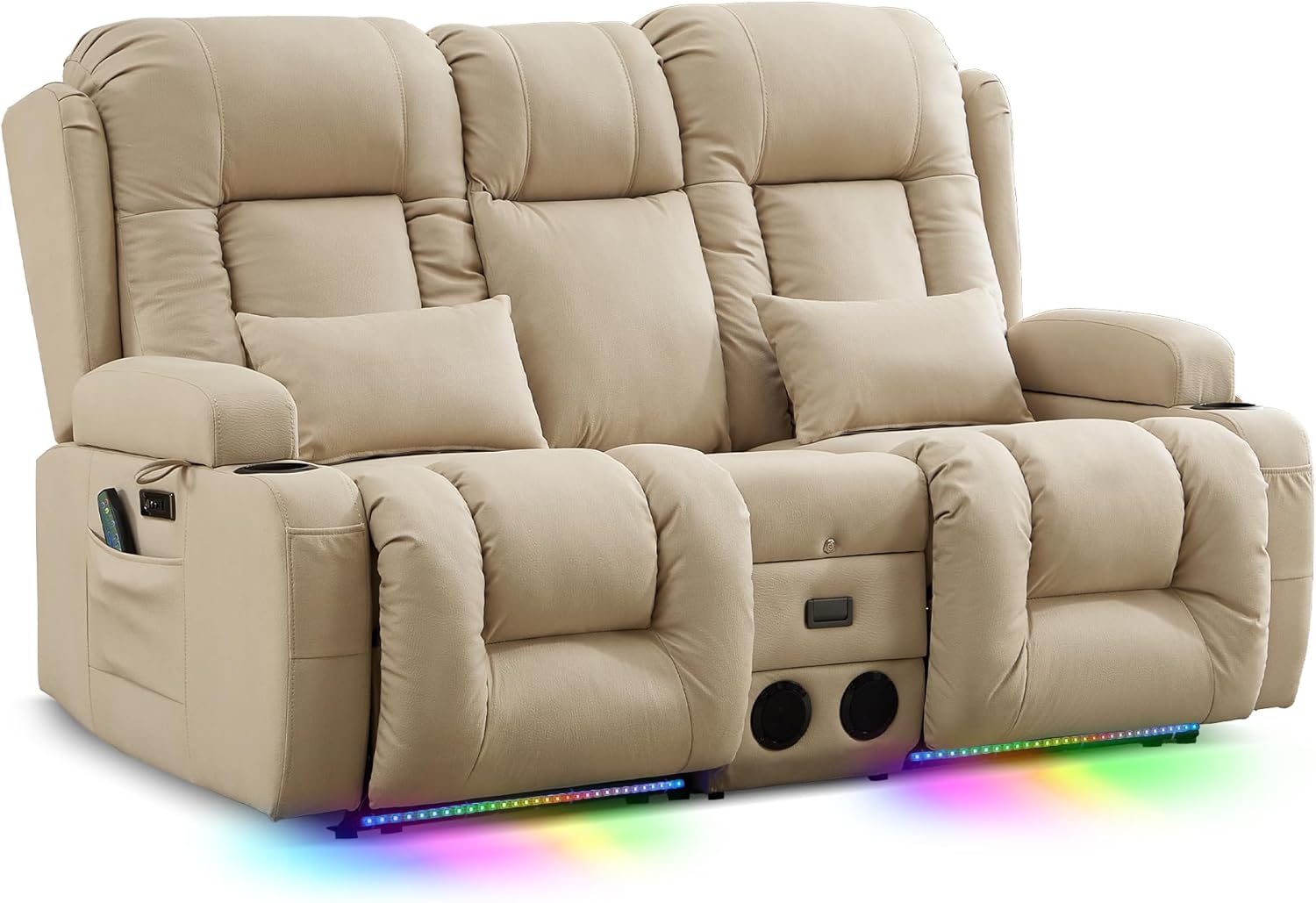 TUNYI Wall Hugger Power Loveseat Recliner - RV Reclining Loveseat with Console Theater Seating RV Recliner Sofa with USB/Outlet//Cup Holder/LED Light/Side Pocket (Beige, Loveseat)