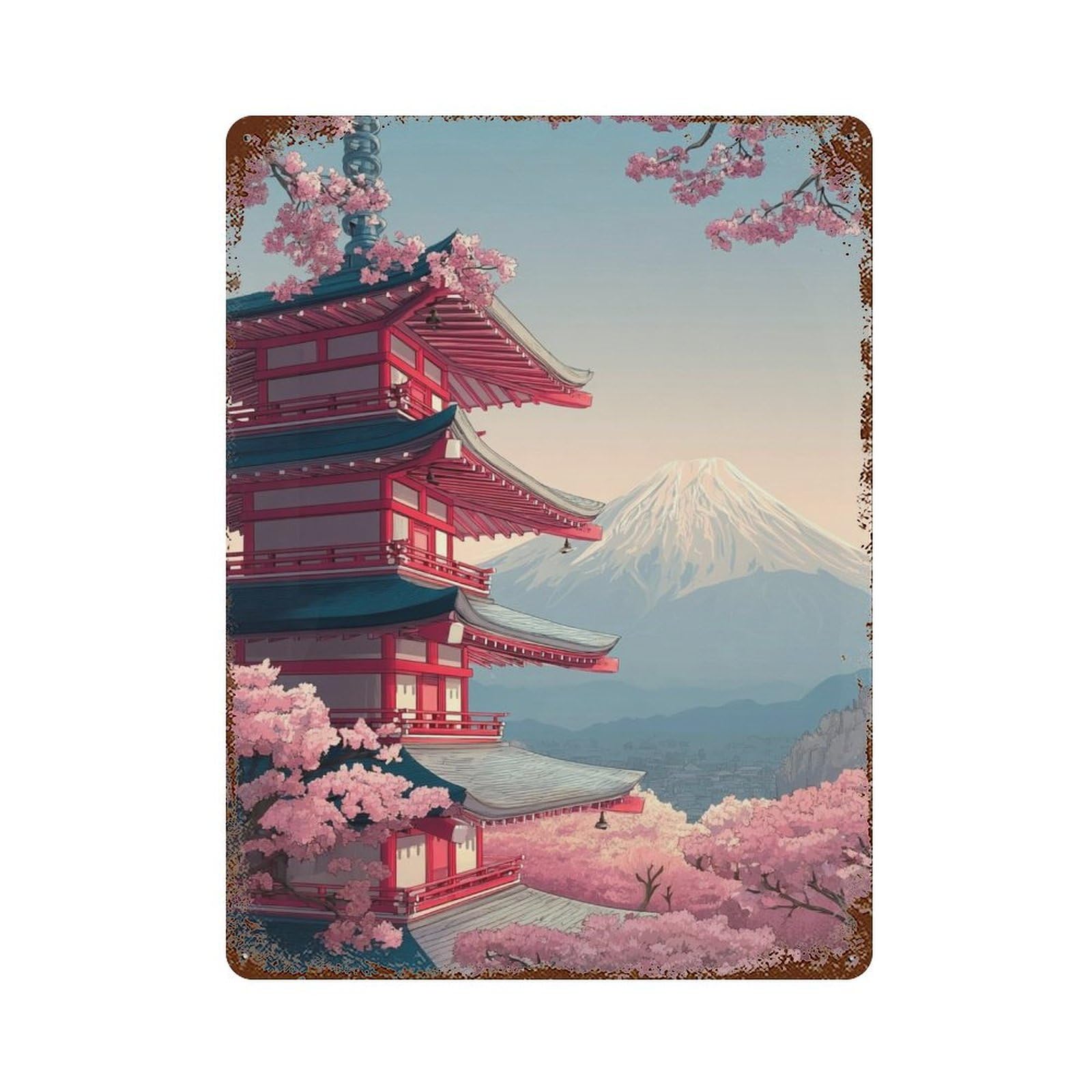 Japanese Pagoda with Cherry Blossoms-2 Rust Effect Tin Sign 15.7"x11.8", Farmhouse Wall Decor for Bistro, Counter And Cafe Decor