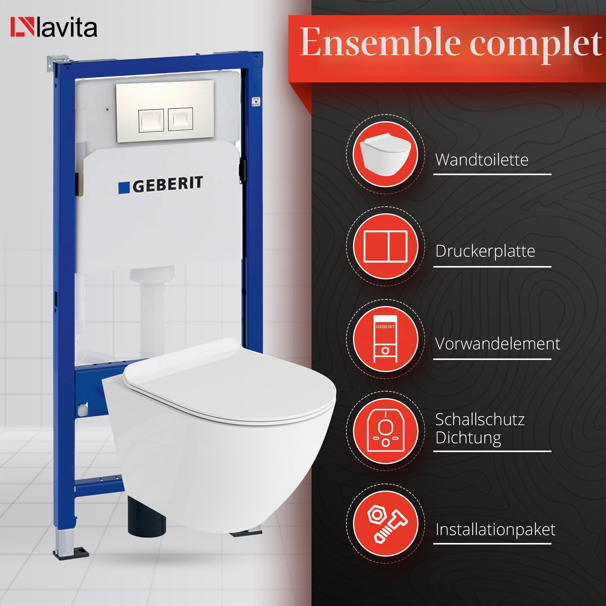 Lavita Duofix Basic Bâti-support + WC à rinçage en profondeur mural Sofi Blanc sans bride + Abattant WC avec abaissement automatique + Plaque de commande Delta 25 Bouton blanc Ensemble complet de