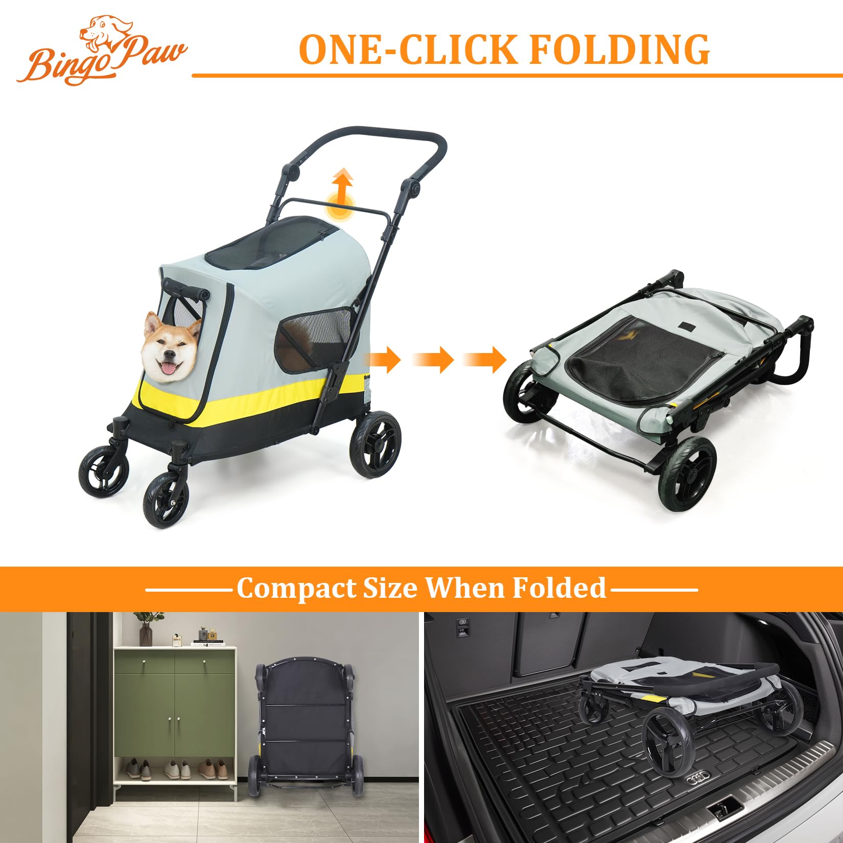 BingoPaw Carro Perro Pequeño Mediano: Carrito para Perros Paseo Plegable Cochecito para Perros con Ruedas Amortiguadora con Frenos Puertas Frontal y Trasera, 102x62x73cm