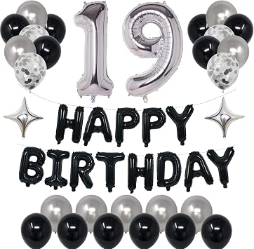 Black Silver 19th Birthday Decorations, Happy 19th Birthday for Men | Black Happy Birthday Banner, 19 Balloon Numbers, Foil Stars, 19th Birthday Party Supplies