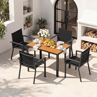 UDPATIO Wetterfest Gartenmöbel Set 5-TLG, Aluminium WPC Gartentisch + 4er Gartenstühle Stapelbar mit Armlehnen, Terrassenmöbel Balkonmöbel für Garten,Terrasse,Veranden, Teakbraun + Schwarz