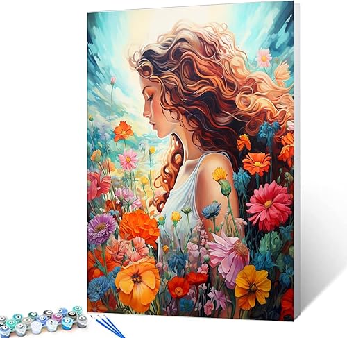 Miniatura 1 de Pintura al óleo de flores silvestres de jardín para adultos, linda niñadama, fácil de pintar por números para adultos principiantes con pinceles y