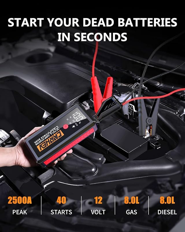CARHEV JS-02 Autós Indításrásegítő Powerbank 2500A, 21800mAh - 8.0L Benzin/Dízel Motorokhoz, LED Lámpával, USB Gyorstöltéssel, IP65 Védelem