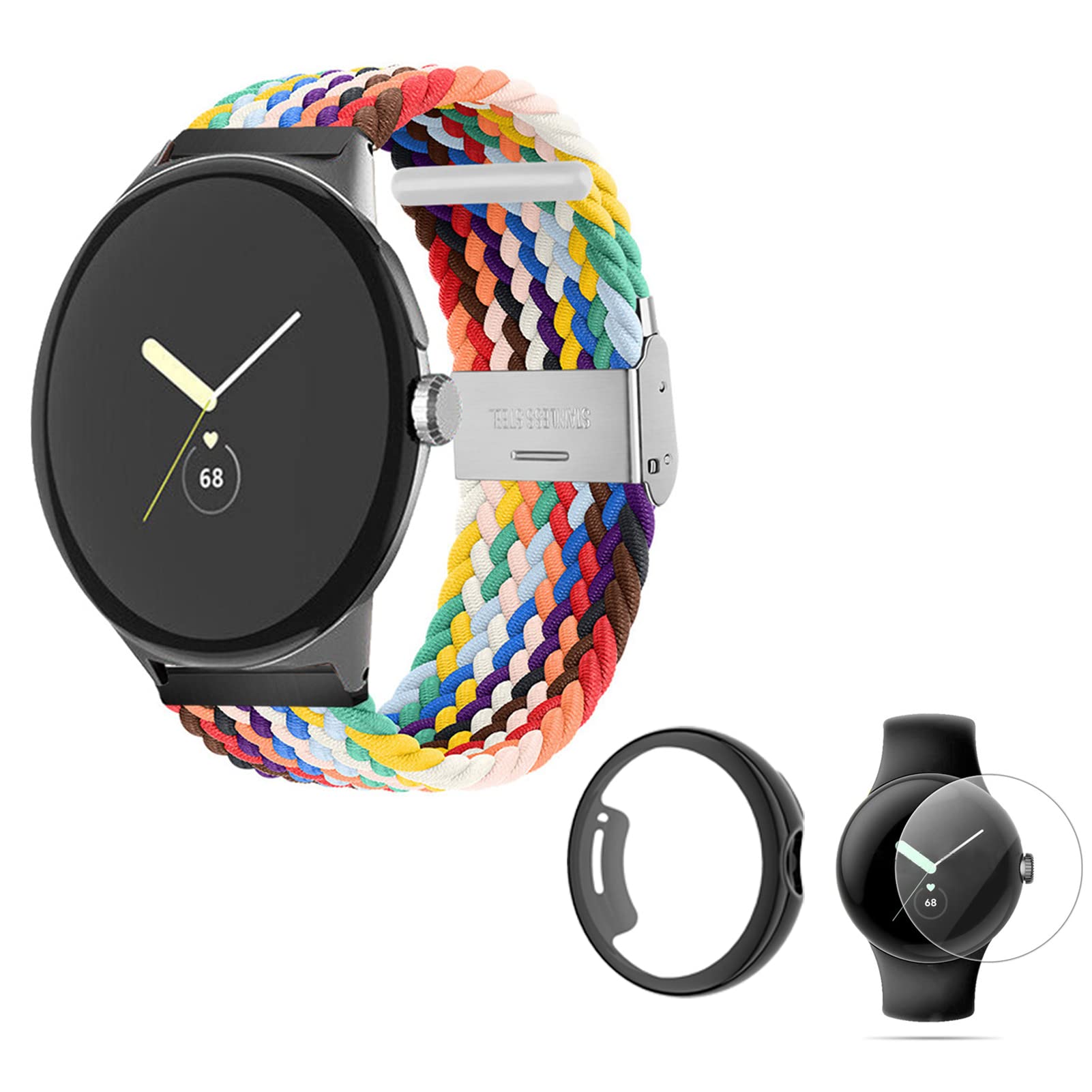 Compatible for Google Pixel Watch Band Durable Adjustable Nylon Braid with 2Pcs Dial Hydrogel Film and TPU Scratch-Proof Case