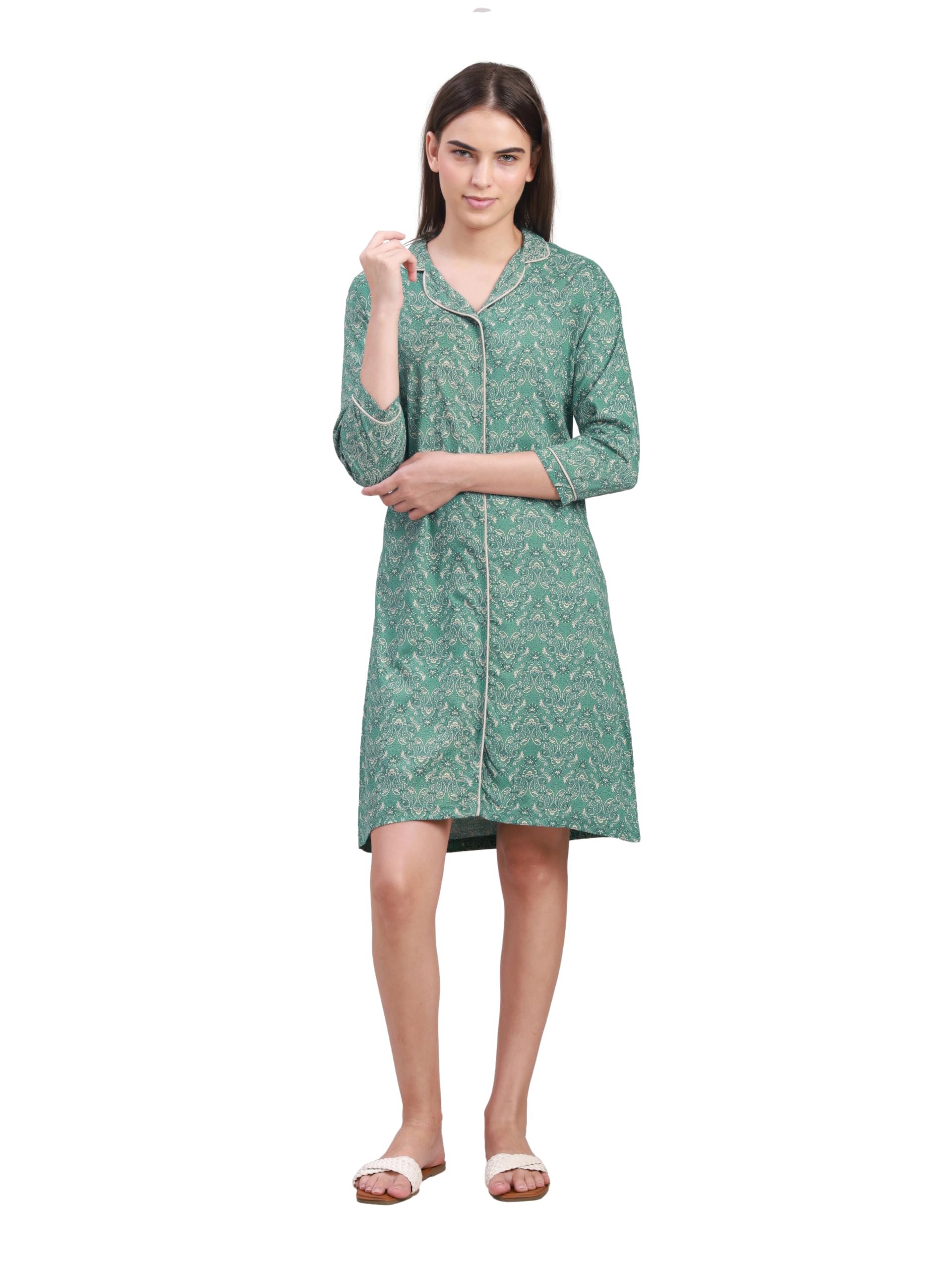 pink & pink Women's Cotton Printed Nightshirt | Button-Down Sleep Shirt Dress with Collar & 3/4 Sleeves – Soft & Breathable Nightwear-picture-53