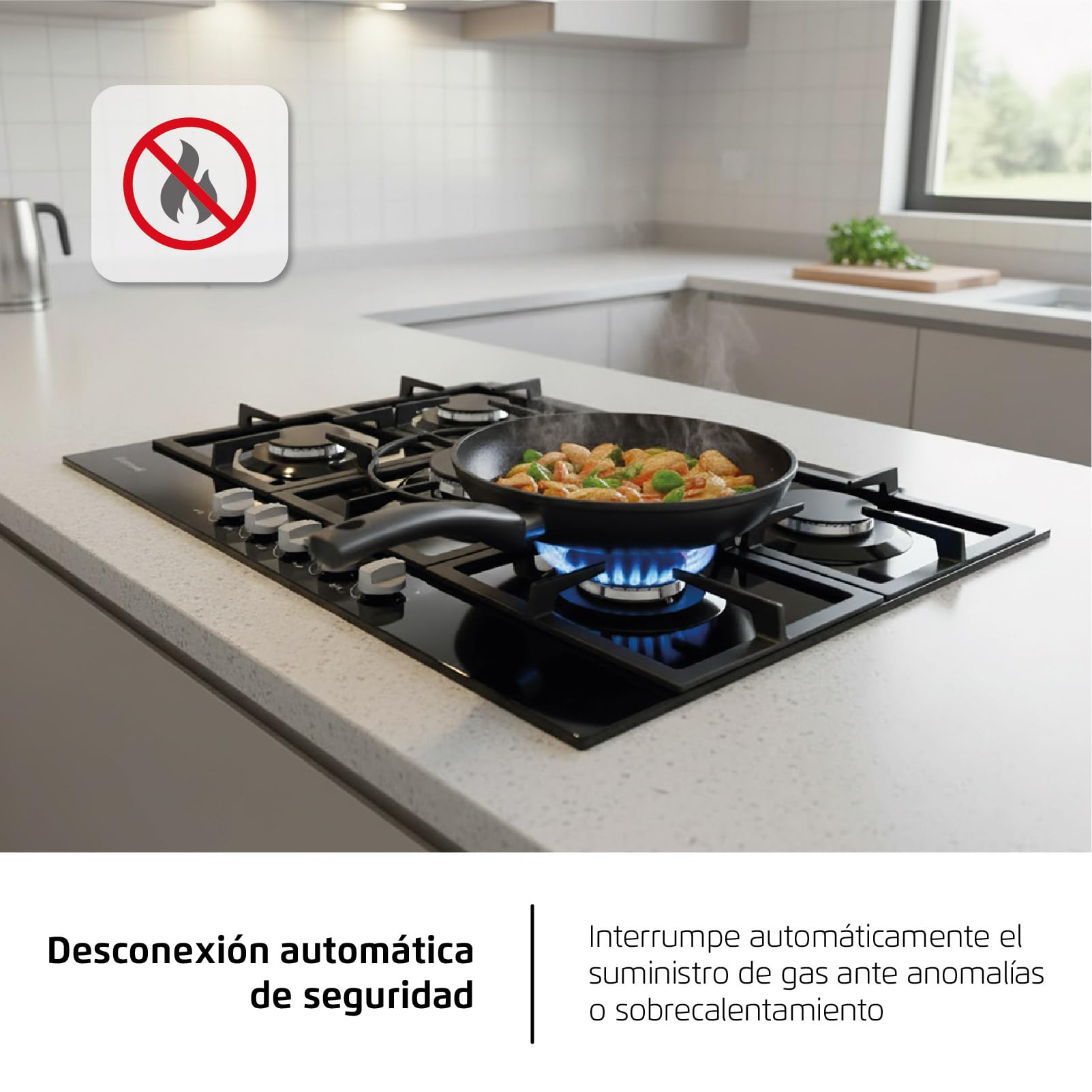 Corberó - Placa Gas Cristal LUX 75cm | CPCGM5F5026N | 8.5kW| 5 Zonas | Zona Wok | Autoencendido | Capa Protección Clean+ | Desconexión automática | Negro