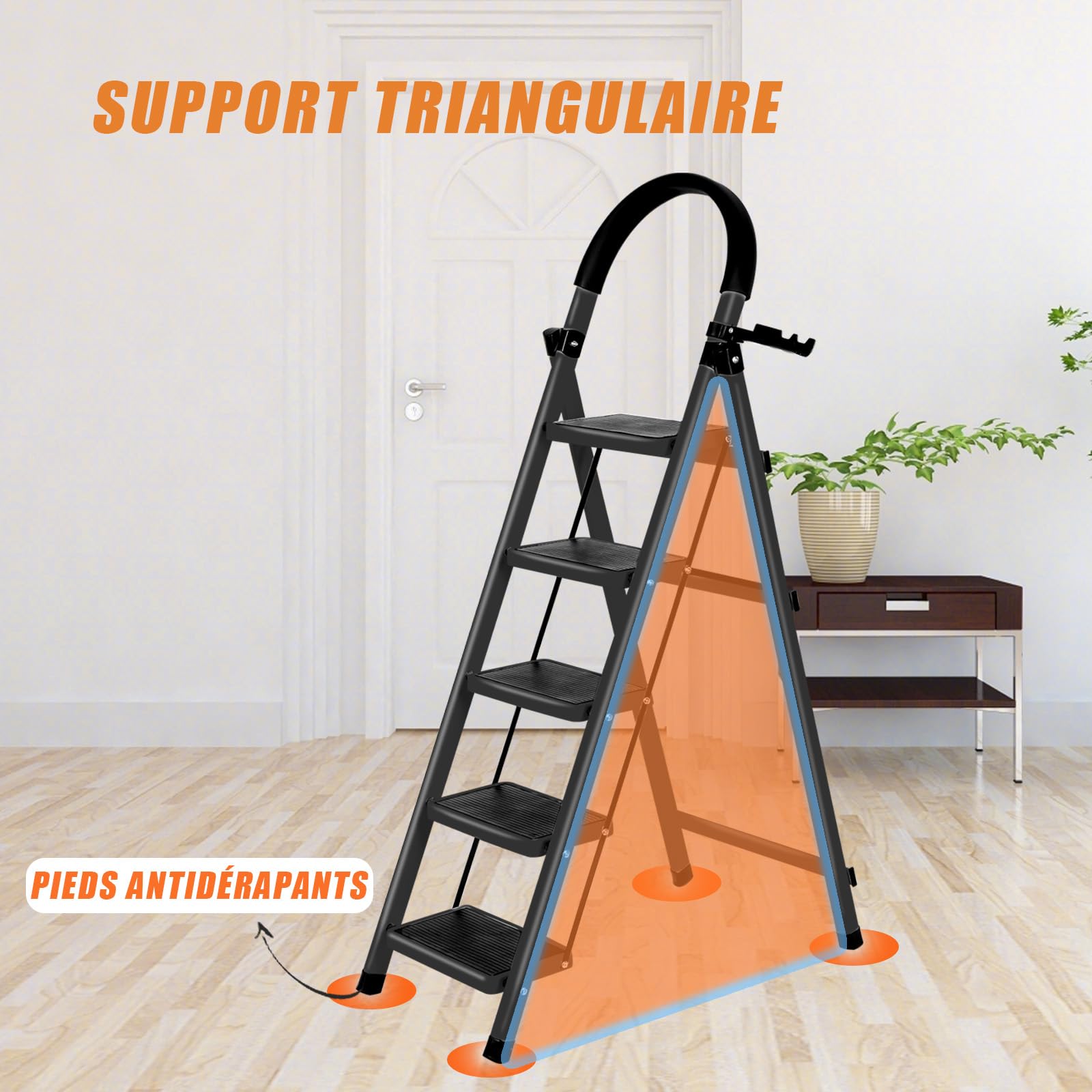 Escabeau Pliable 5 Marches avec Plateau à Outils et Mains Courantes, pour Maison Cuisine Garde-Manger Placards Bureau, Échelle Marche Pied Pliante 5-Level pour Intérieur Extérieur (Noir)