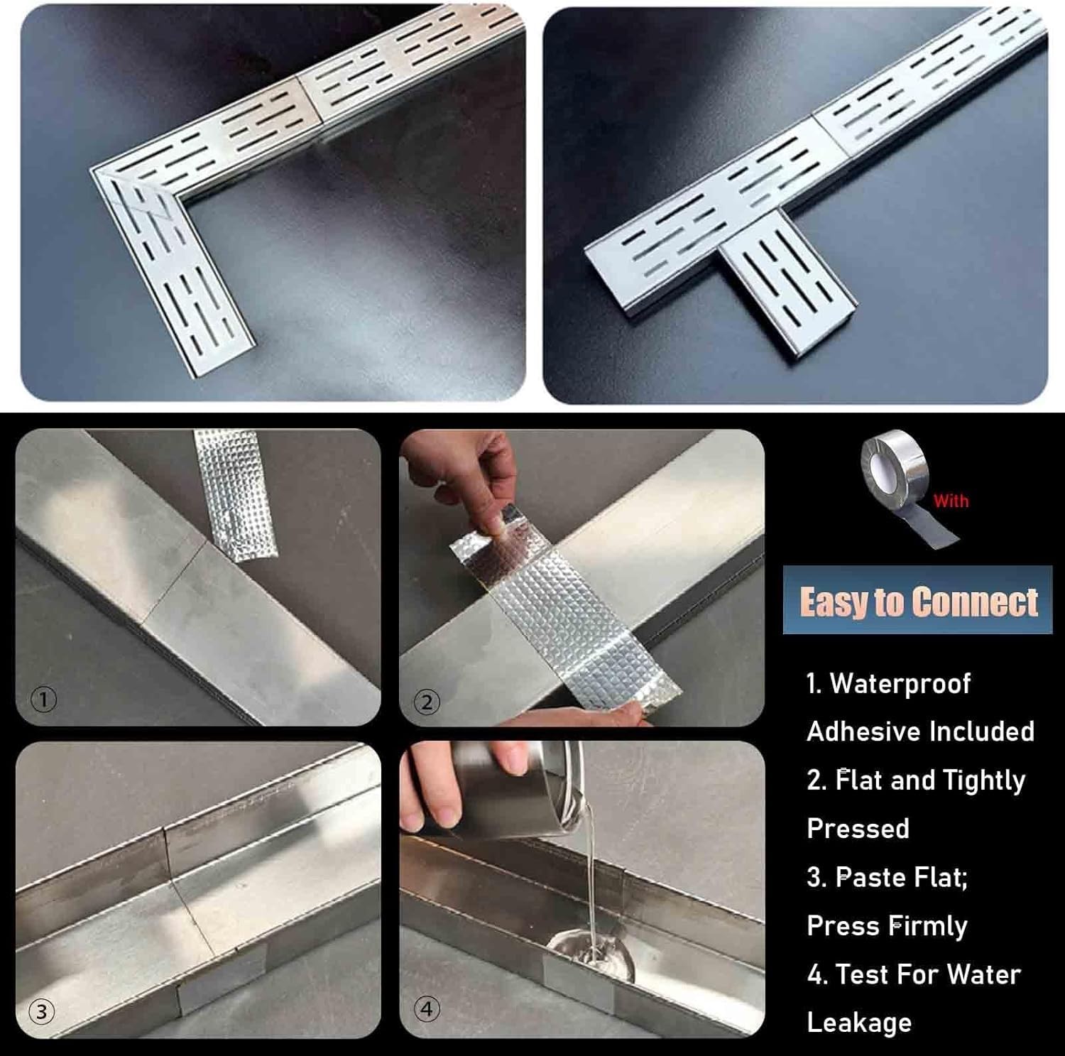 304 inless stalowy zestaw kanałów odpływowych - kratka zewnętrzna 90 stopni na basen, patio i podjazd - ciężki Du, 10 cm szerokości x 4 cm wysokości, rdza żywica, łatwy montaż