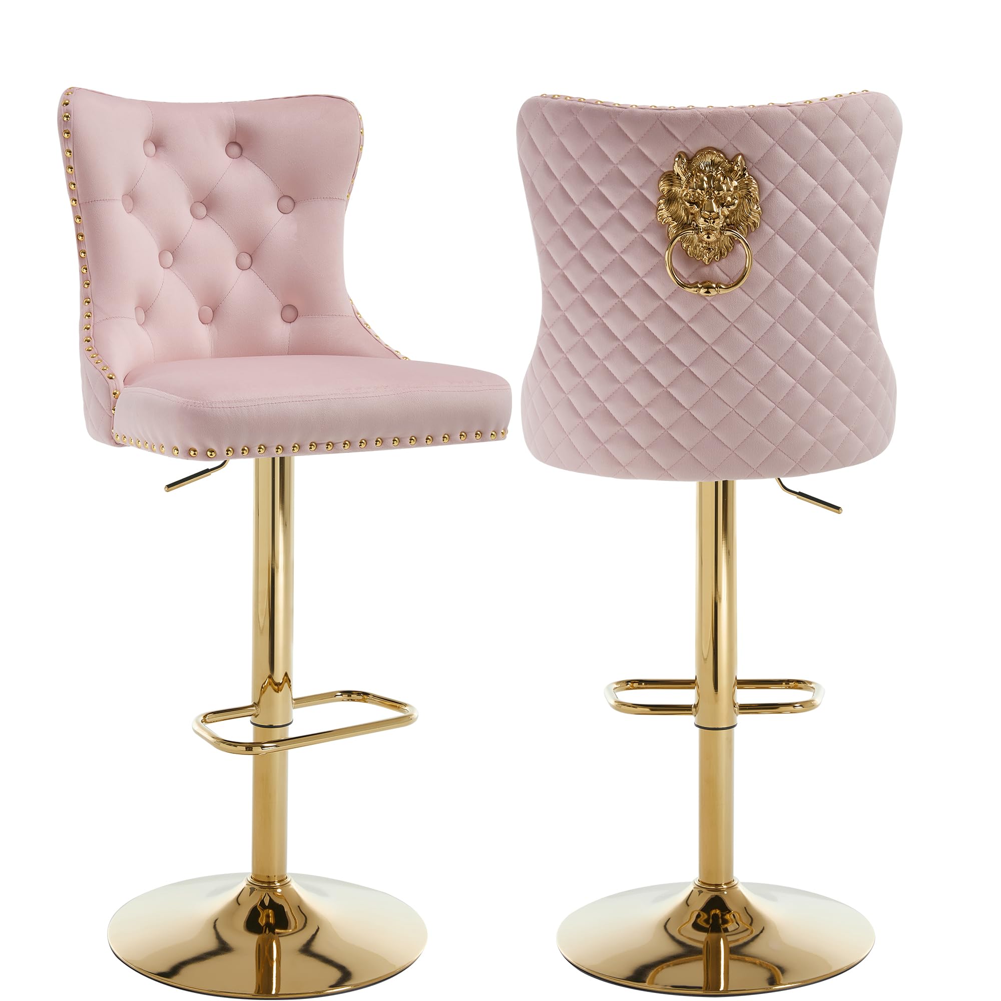 Relbiety Gold Barstools Set of 2,Velvet Bar Height Stools with Lion Pull Ring,Upholstered Swivel Counter Height Stools with High Tufted Back,Modern