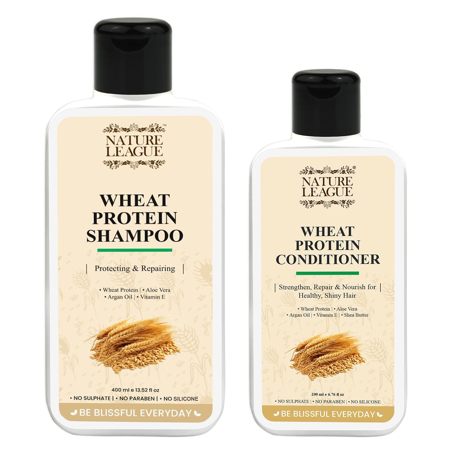 NATURE LEAGUE - Wheat Protein, Damage Repairing, Anti-Frizz, Nourishing & Strengthening Shampoo + Conditioner Duo, Sulphate & Paraben Free, Combo Set, Pack of 2 (400 ml + 200 ml)