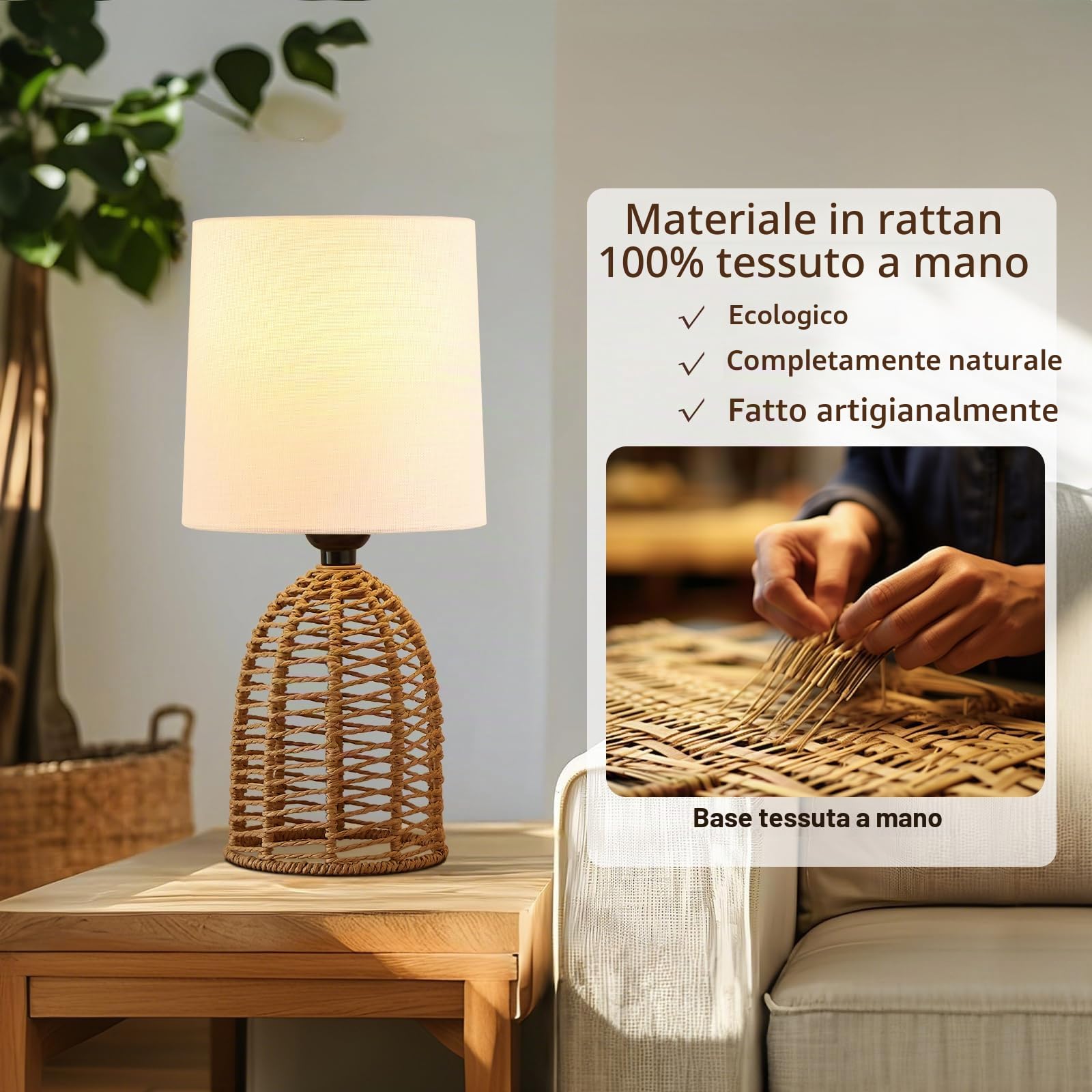 GyroVu Set di 2 lampade da comodino, in rattan, stile boho, attacco E27, piccole lampade per camere, camera da letto, comodino, soggiorno, lettura, lampada da tavolo