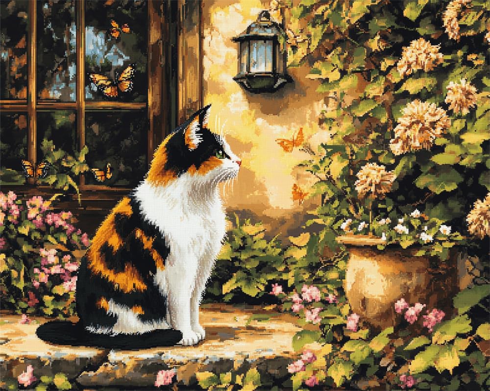 Kitquiver Rug Kits for Adults Latch Hook Printed Calico Cat and Butterflies