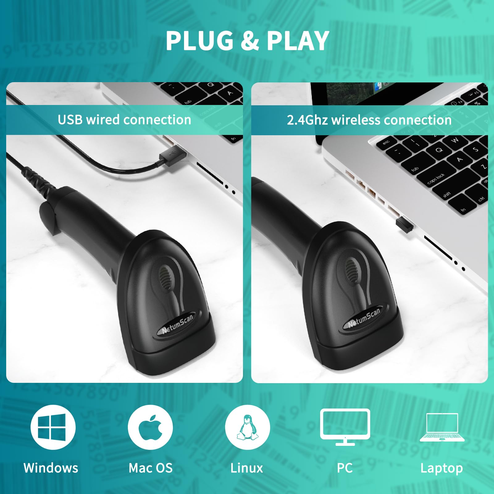 NetumScan Wireless Barcode Scanner 2 in 1 (2.4G Wireless & USB Wired) Lettore 1D Bar Code Portatile USB Ricaricabile per Computer Mac Laptop 1698W