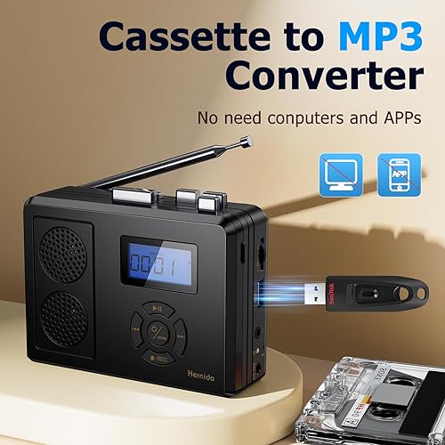 Miniatura 4 de Reproductor de cinta de casete portátil, radio FMreproductor USBconvertidor digital MP3, altavoz estéreo dual integrado y batería recargable,