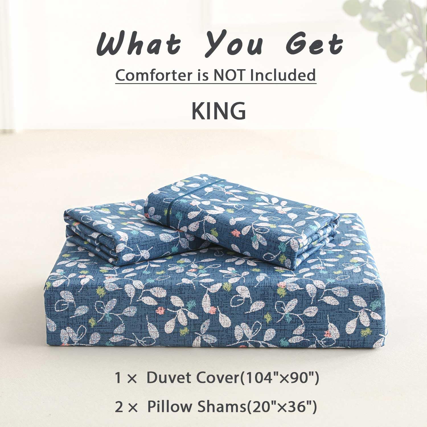 100% Cotton Blue Floral Duvet Cover King Size 3PC - White Leaves with Delicate Soft Green & Blush Floral Print, Blue Chevron on White Reverse, Button Closure(104"×90") - Image 7