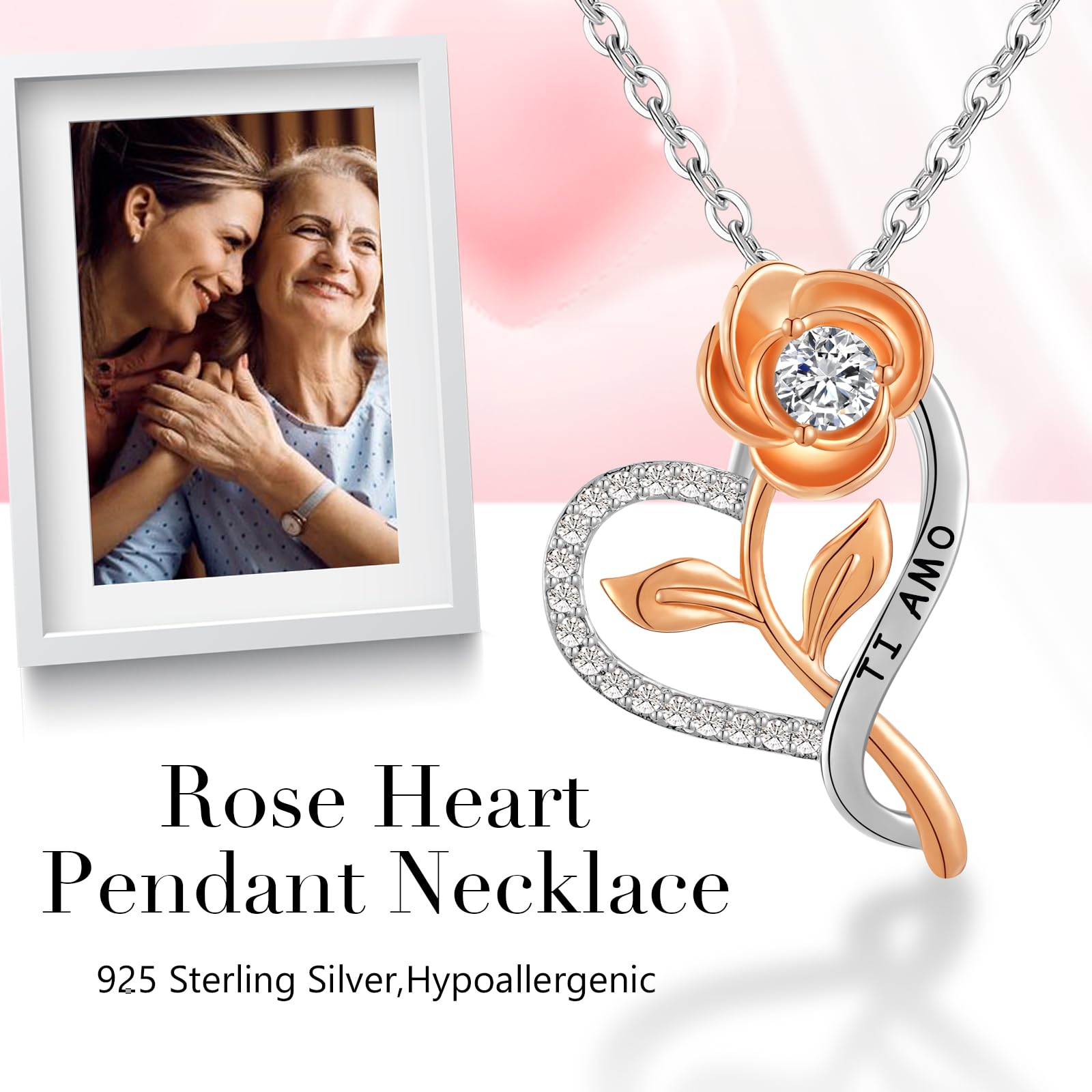 San Valentino Regalo Donna Argento 925 Collane,Rosé Fiore Cuore Ciondolo Collana,Regali Anniversario per Lei Mamma