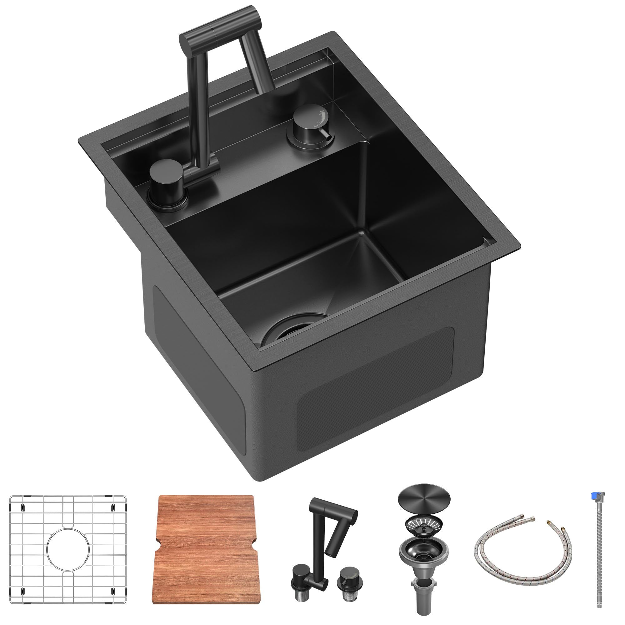 KOXKING RV Kitchen Sink 13x15 Inch with Foldable Faucet, Nano Black 16 Gauge Stainless Steel Undermount Workstation Sink with Cutting Board Cover,