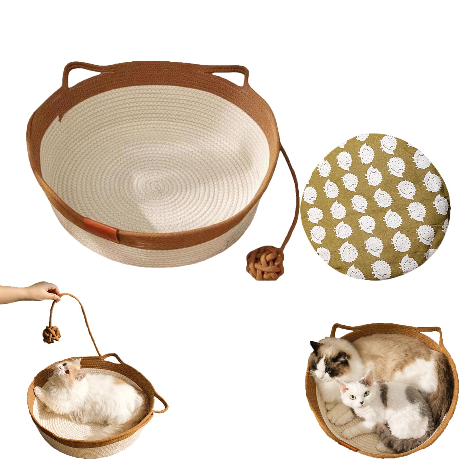 Natural Rope Cat Basket, Handwoven Cotton Rope Interactive Cat，Brown B：S