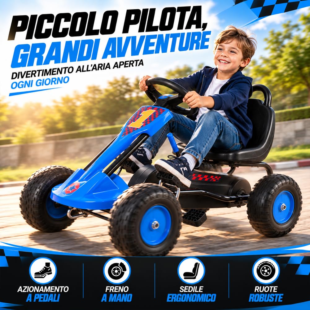 BAKAJI Go Kart a Pedali per Bambini dai 5 ai 12 Anni, Sedile Regolabile ed Ergonomico, Ruote in Gomma Pneumatici ad Alta Tenuta, Bici per Bambini con Telaio Resistente e Freno a Mano