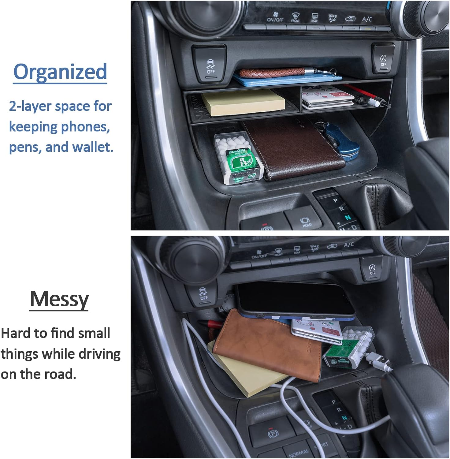 TOPINSTALL New Wider Opening Console Organizer Compatible with Toyota Rav4 2019-2022 2023 Accessories, Bigger Divider Slot Tray for Phone with Case, Black ABS Material Storage Insert
