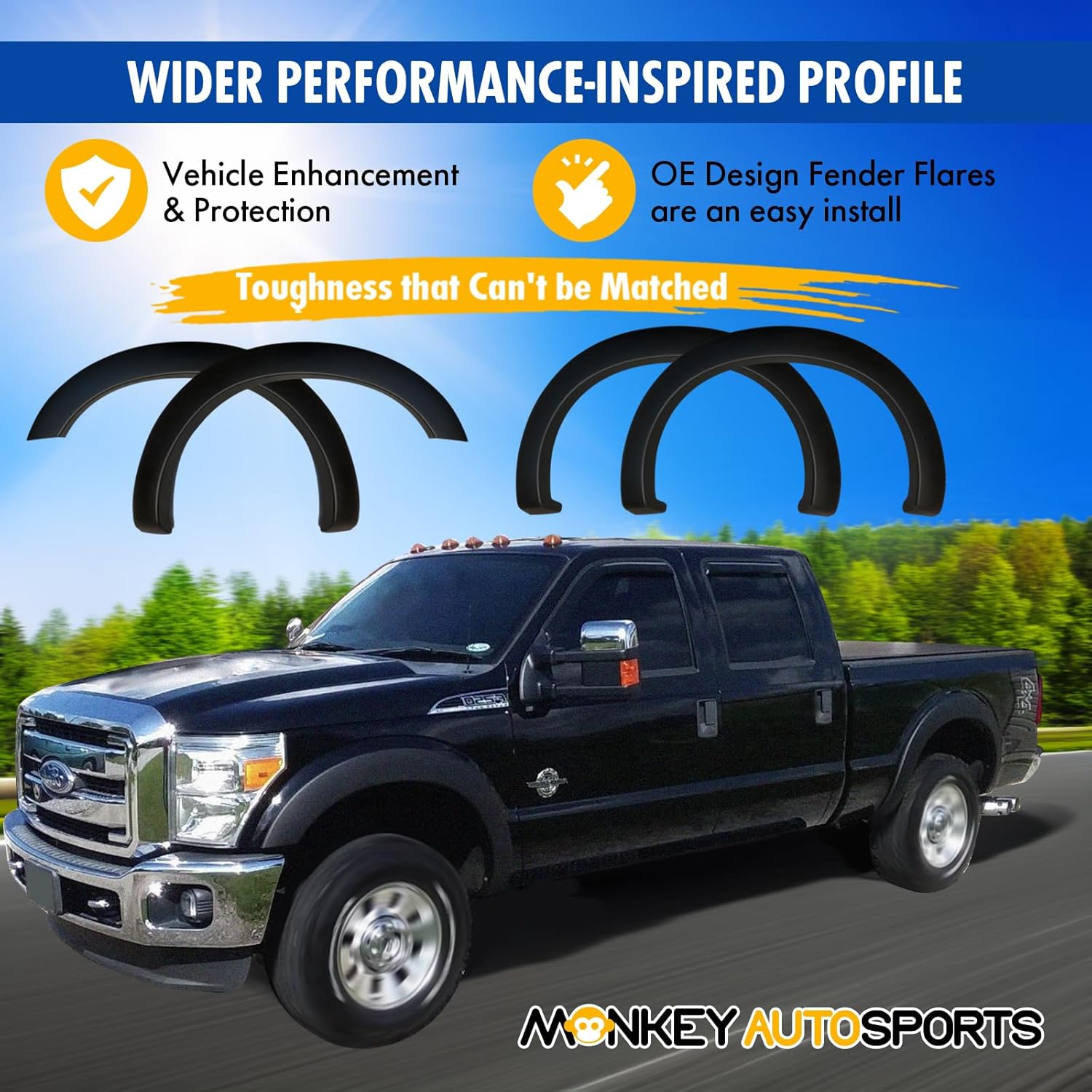 Monkey Autosports 2011-2016 Ford F250/F350 Factory/OE design Fender Flares | Set of 4 | Front Right, Front Left, Rear Right and Rear Left | Fits 2011-2016 FORD F-250 and F-350 (EXCLUDES Dually Models)