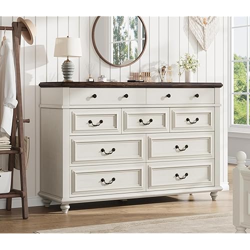 Farmhouse Dresser for Bedroom 9 Drawer Chest of Drawers, Tall Gray Dresser for Closet, Large Storage Dressers & Chests of Drawers for Living Room, Hallway (White, 9 Drawer)