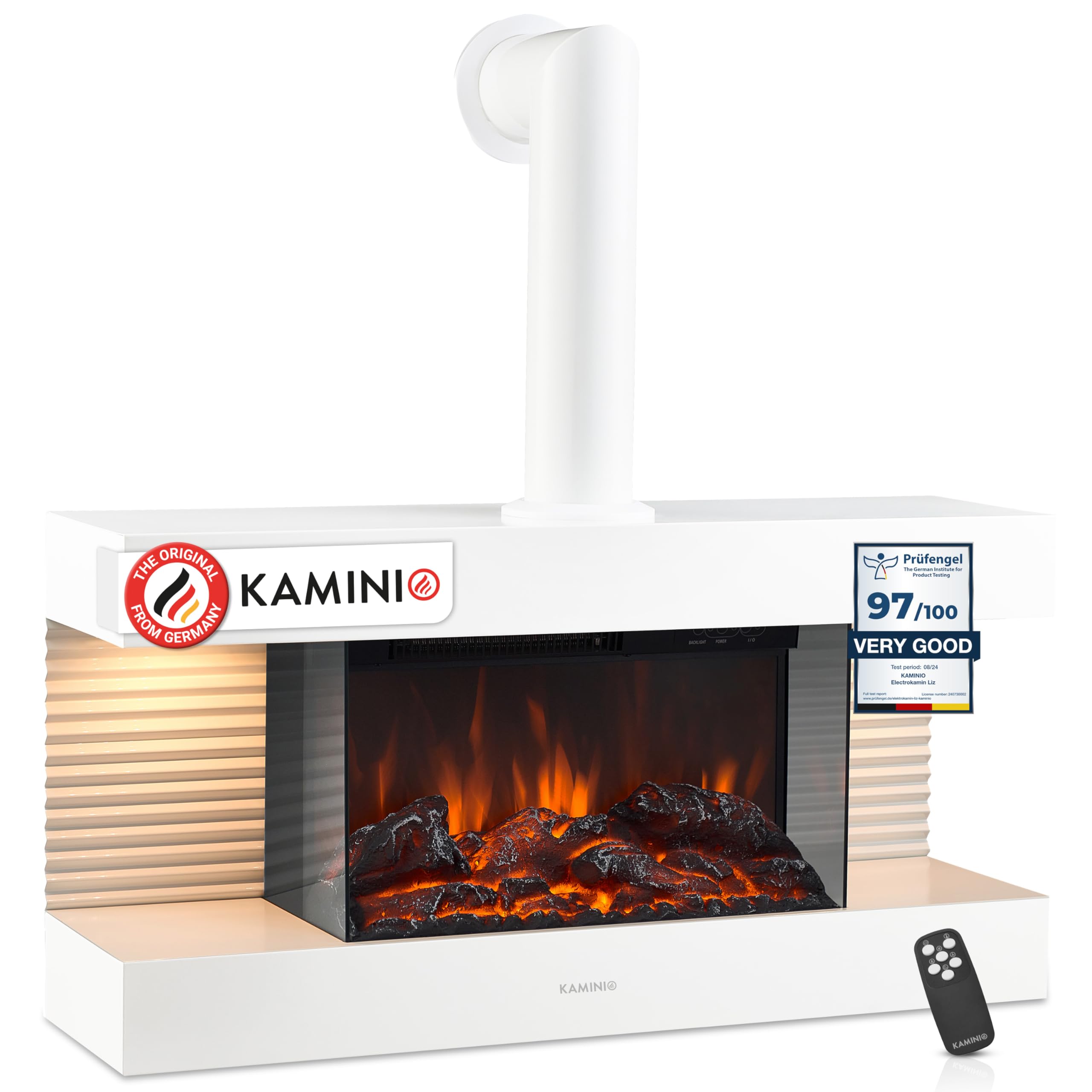 Kaminio White Electric Fireplace Liz With Pipe - Wall-Mounted Fireplace With Heater, 3D Flame Effect, Led Mood Light, Remote Control (White)