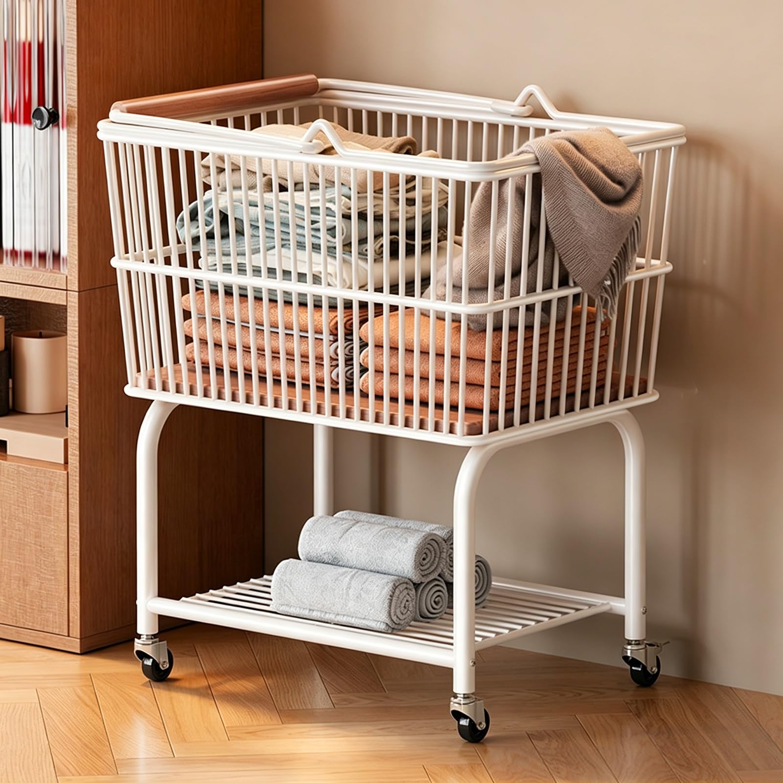 Carrello Portabiancheria Mobile A 2 Livelli, Cesto In Metallo Con Ruote | Manici in legno, ruote girevoli 360°, ideale per bagno, camera e lavanderia(B)