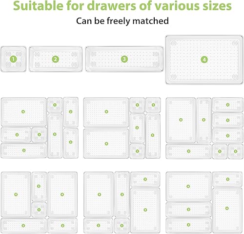 Miniatura 8 de Juego de 25 organizadores de cajones transparentes, 4 tamaños, bandejas organizadoras de tocador de baño y contenedores de almacenamiento para