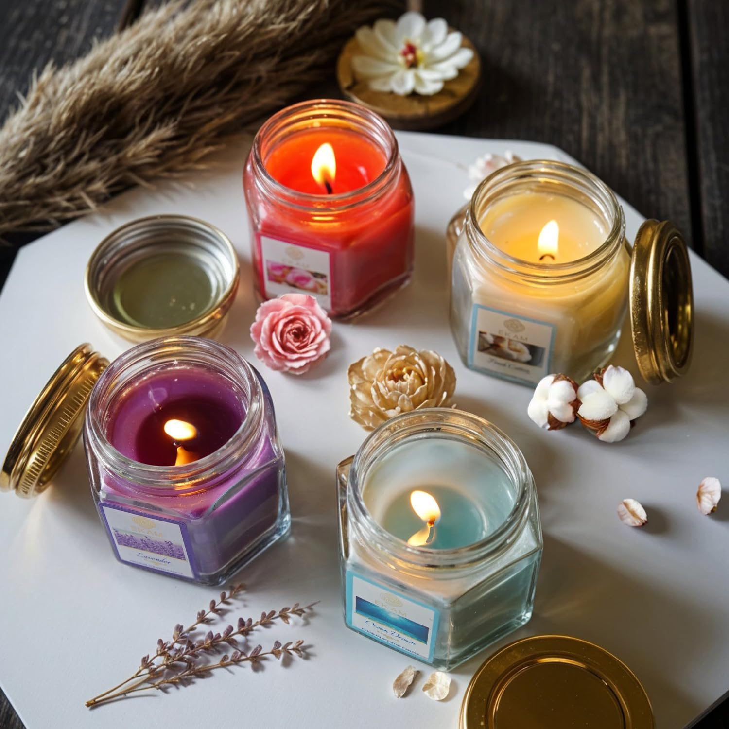 Combo Pack of 4 Hexa Jar Gift Set | Fresh Cotton, Ocean Dream, Lavender & Rose | 50g Each | 12 Hr Burn | Long Lasting Fragrance Candles for Diwali, Wedding & Home Décor
