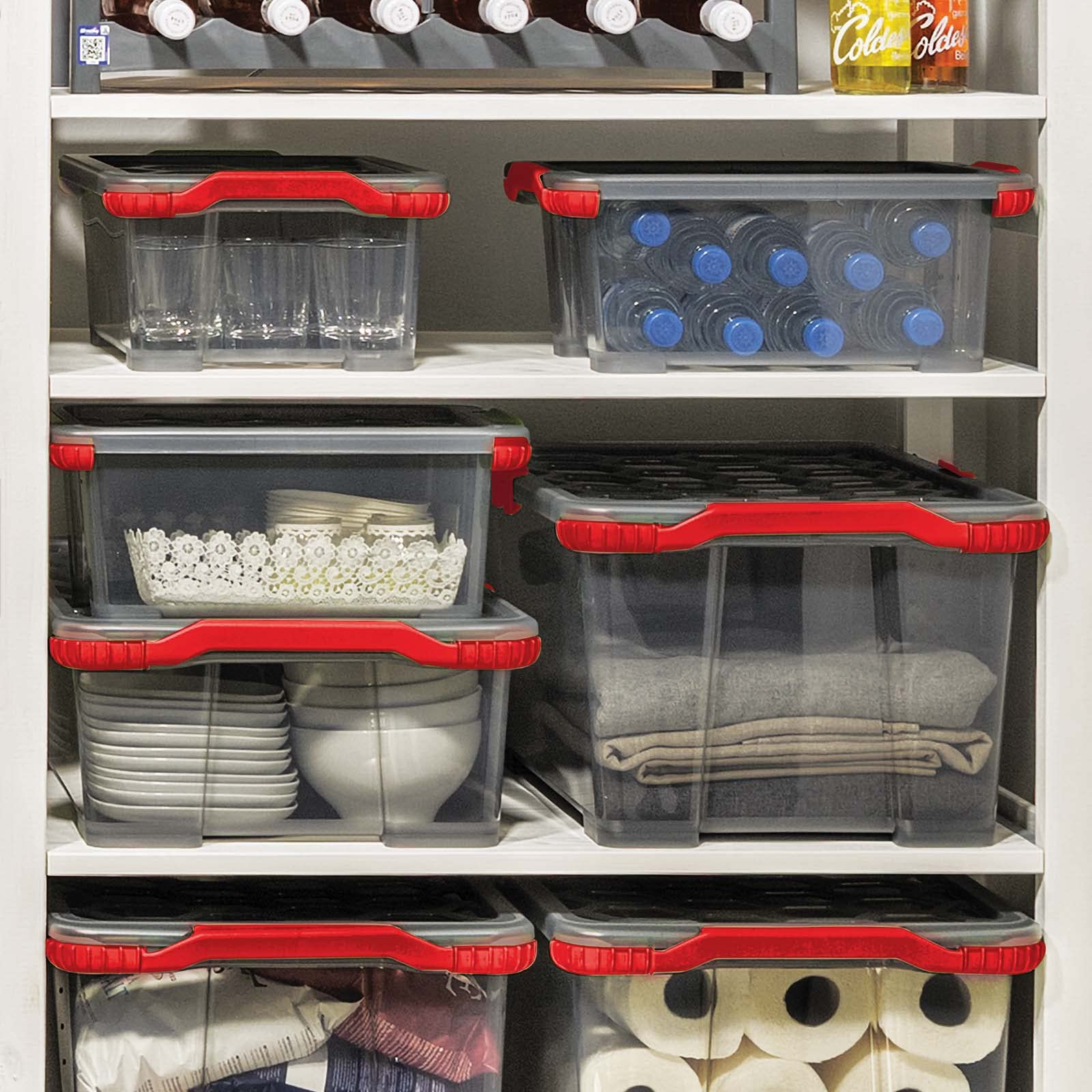 Rotho Evo Aufbewahrungsbox mit Deckel 30 L 3er-Set aus PP Anthrazit/Rot | Aufbewahrungsboxen im 3er-Set, je 30 L Volumen, Deckel in Rot, Boxen aus lebensmittelechtem PP, Anthrazit, für Lebensmittel