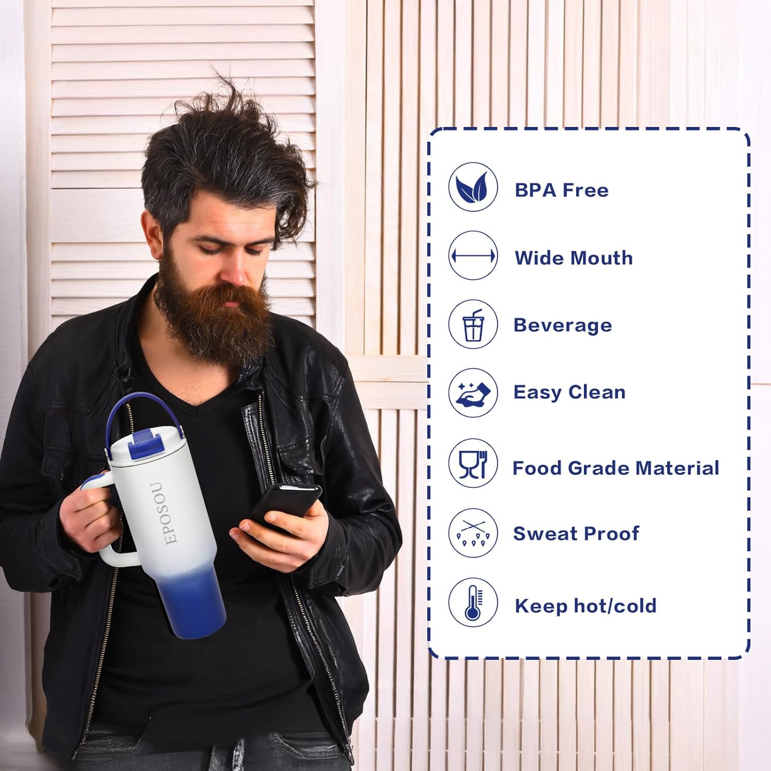 40 oz Tumbler with handle and Straw,leak proof water bottle with Flip Lid and tea strainer,BPA-Free,compatible with car cup holders,Insulated Stainless Steel Cup,Gifts for Women Men Him Her,(Blue) - Image 7