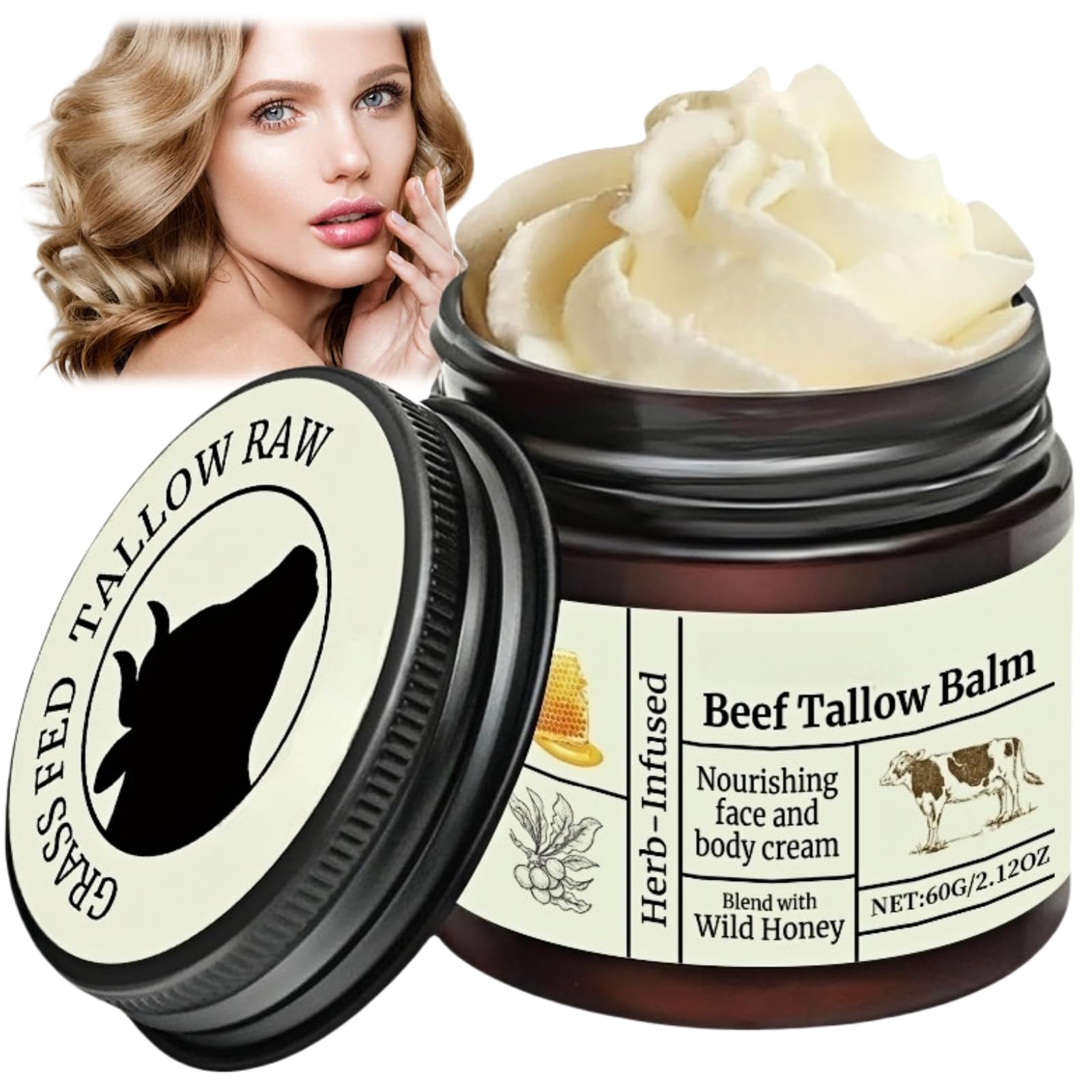 Beef Tallow Honey Balm & Beef Tallow Moisturiser- Organic Grass-Fed Tallows Face Cream, Deeply Nourishing