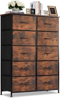 Dresser for Bedroom 10-Drawer, Anti-Tip Tall Fabric Storage Organizer Chest with Wooden Top and Metal Frame, for Closet, Living Room, Hallway, Entryway