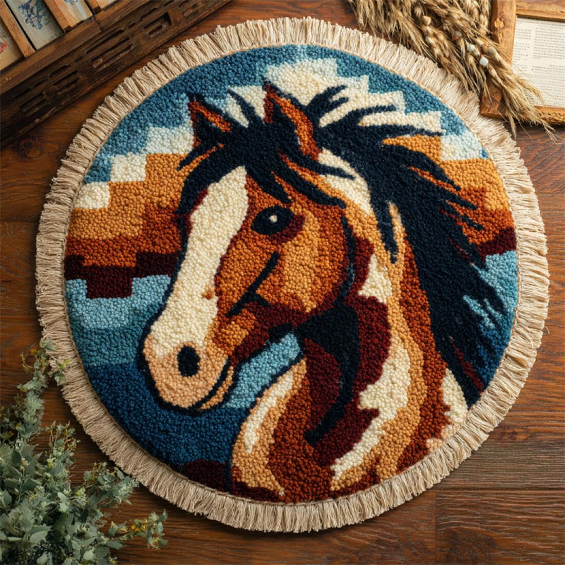 Rqwybcaxn DIY Rug Latch Hook Kits for Teens Animal Needlework Kit Fantasy Horse 80x80cm Round Tapestry with Crochet Hook Study Craft Gift