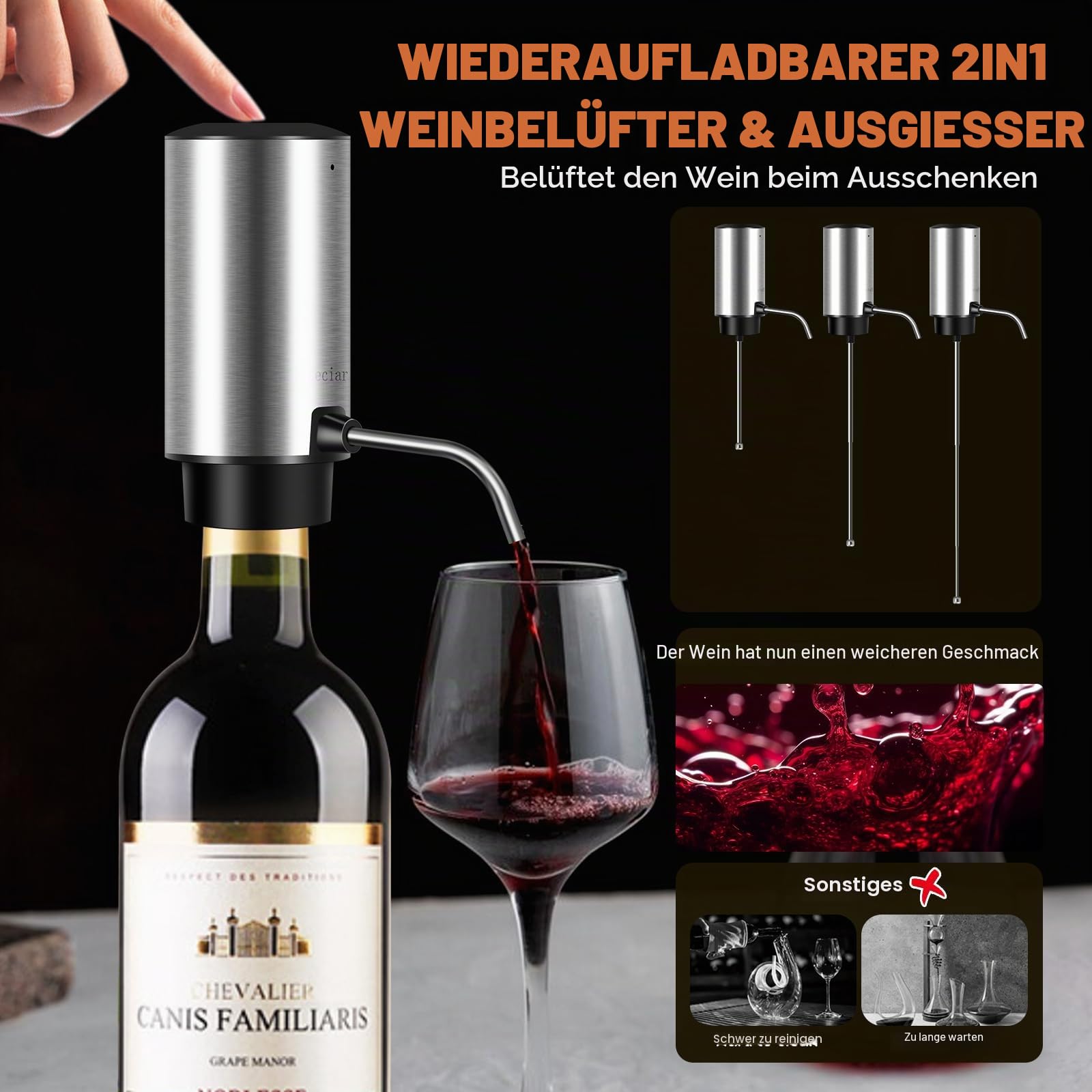 Elektrischer Weinkorkenzieher 4-in-1 Geschenkbox Set mit Automatischer Weindekanter & Weinöffner, Vakuumstopfen, Kapselschneider - USB-C Schnelladung für Weinliebhaber